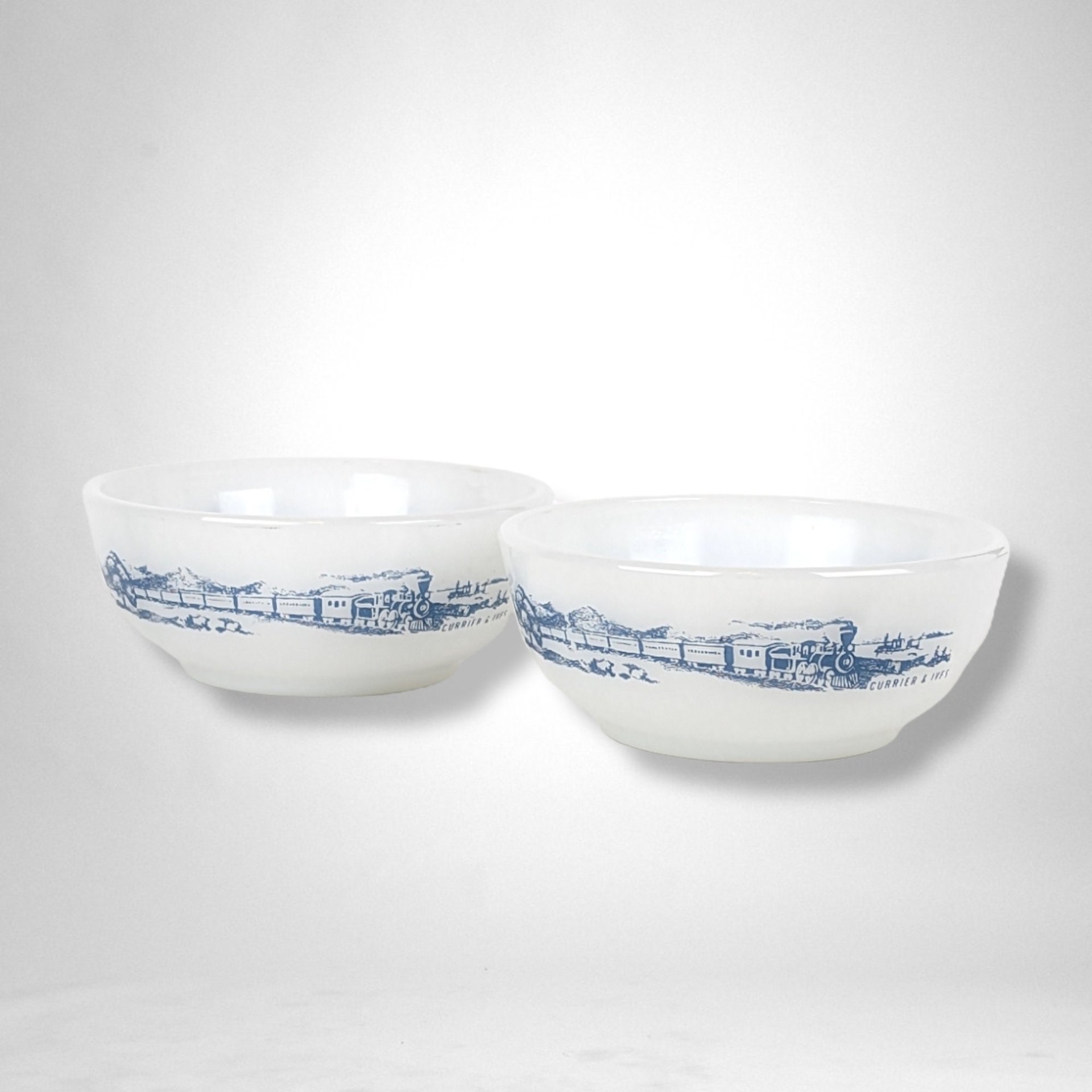 Glasbake Ovenware Currier and Ives Coupe Cereal Bowl Pair - Vintage Collectible Bowls