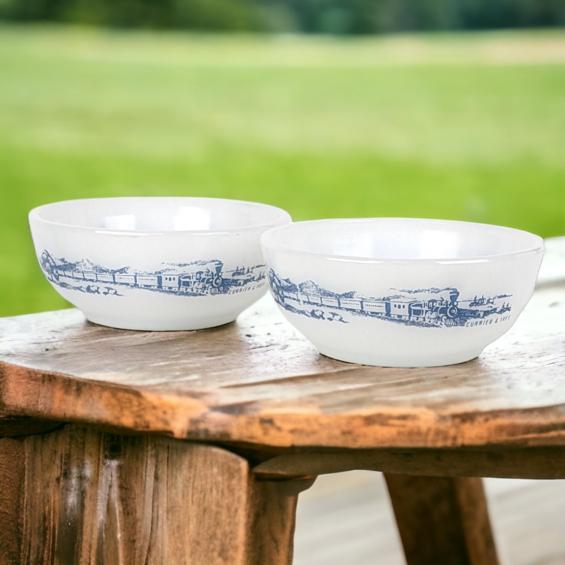 Glasbake Ovenware Currier and Ives Coupe Cereal Bowl Pair - Vintage Collectible Bowls