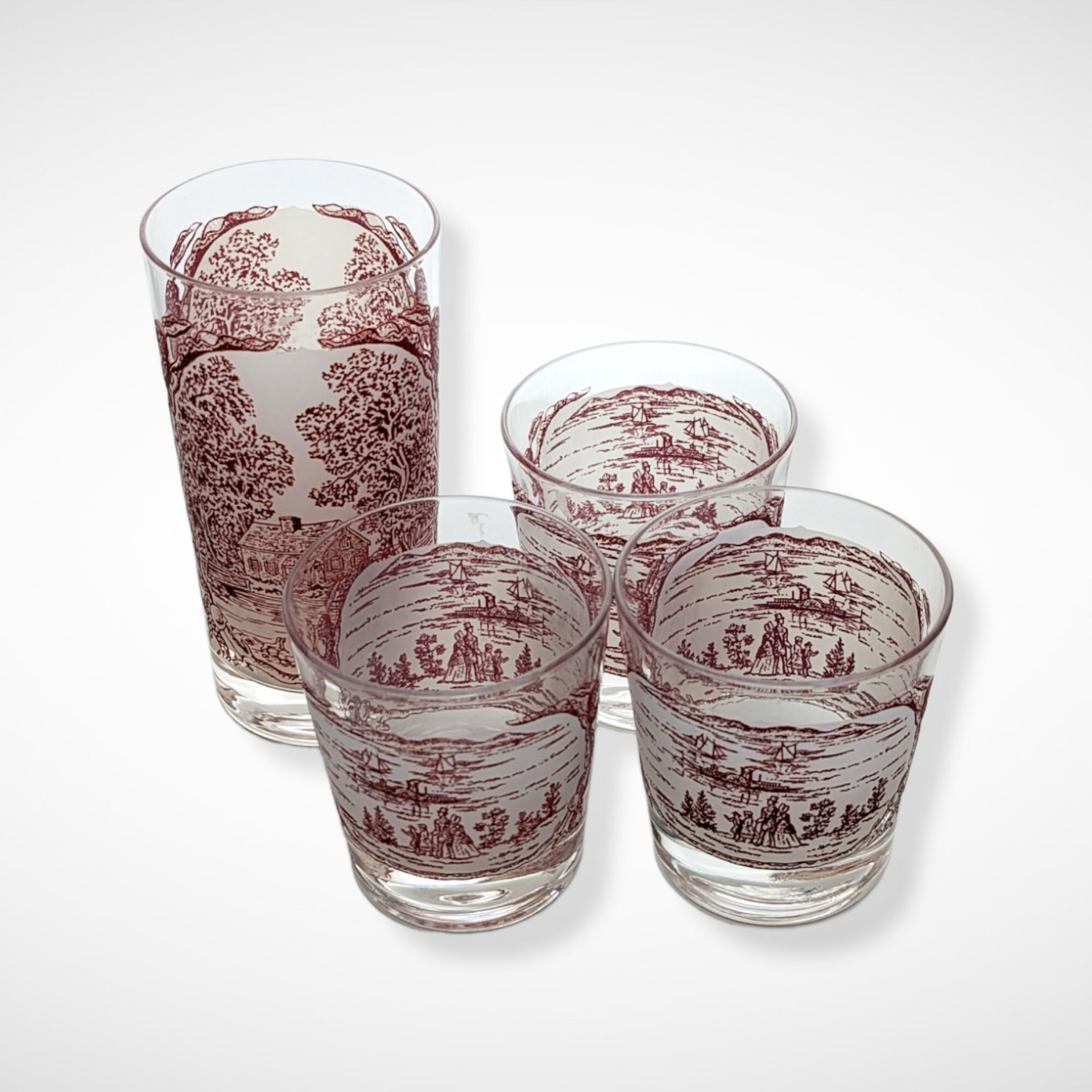 Set of 4 Currier and Ives Memory Lane Pink and White Glasses