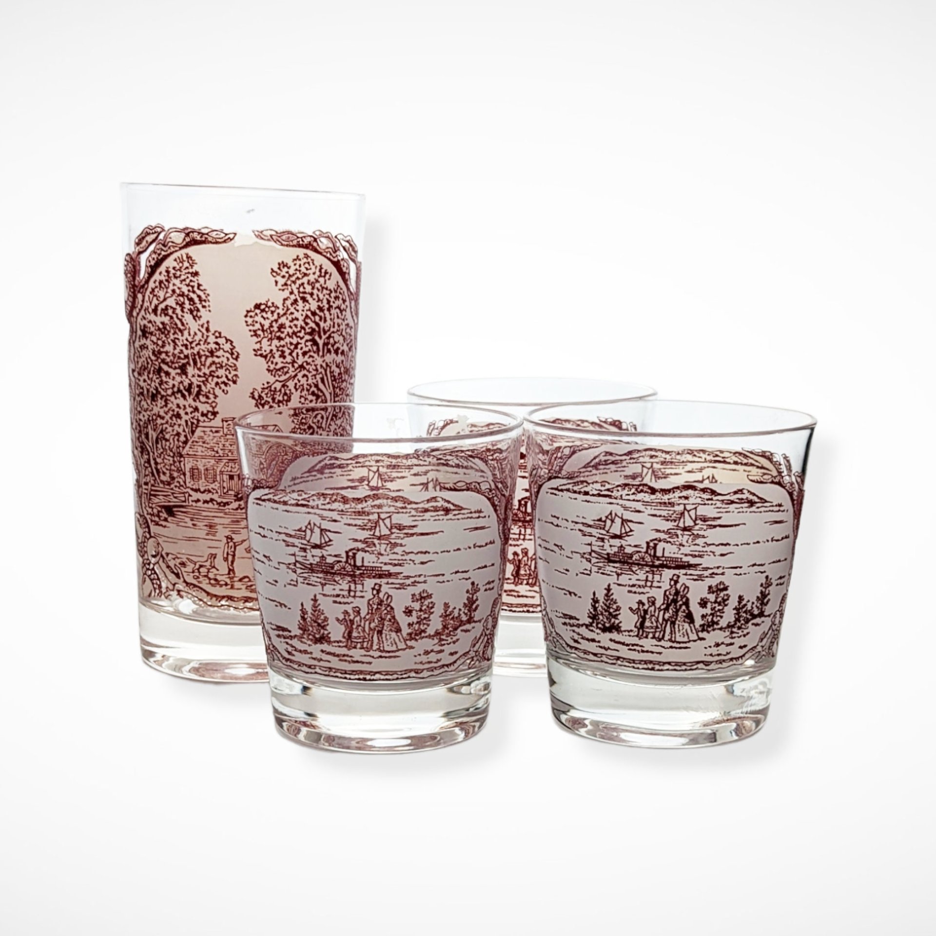 Set of 4 Currier and Ives Memory Lane Pink and White Glasses