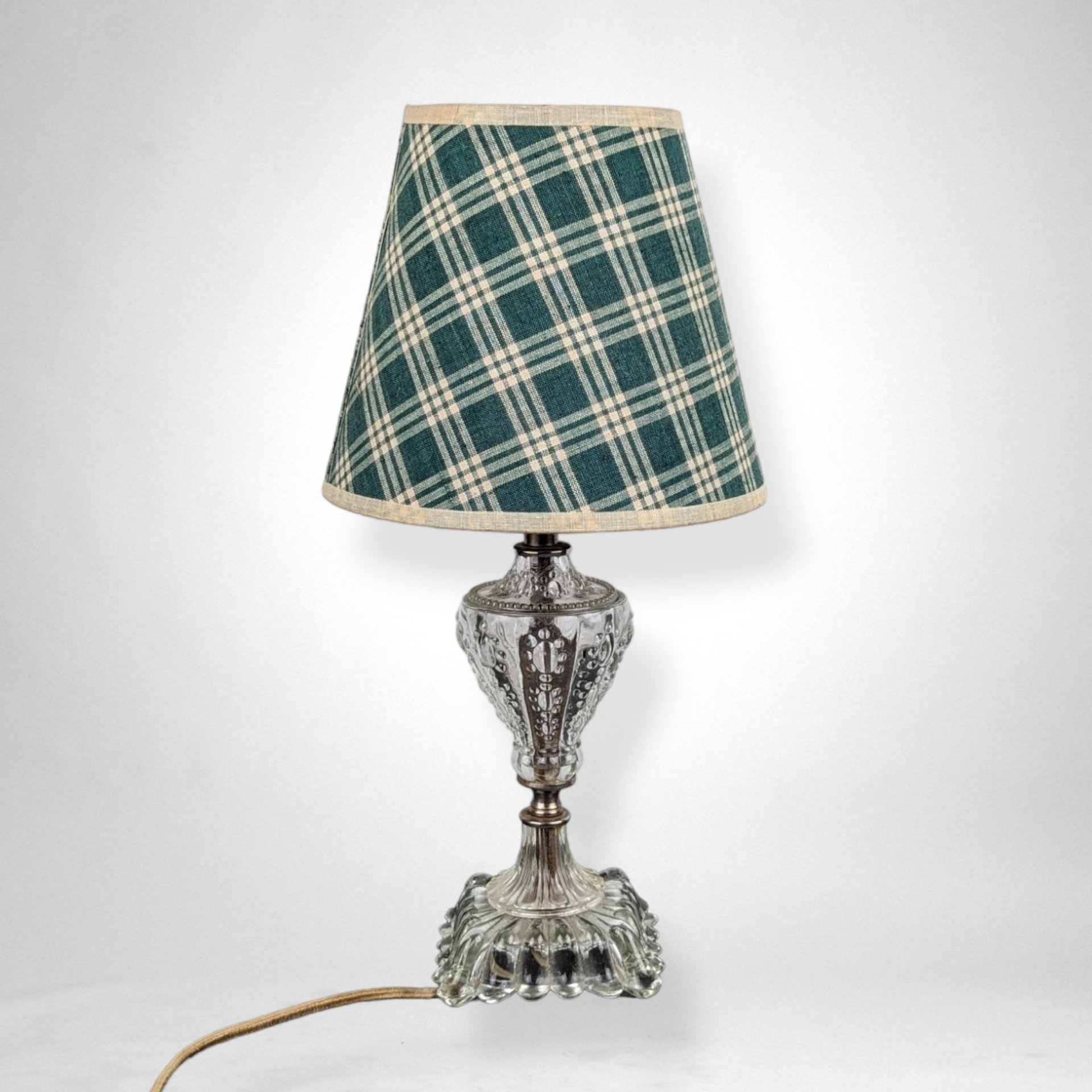 Vintage Glass Lamp with Plaid Shade: Retro Lighting Decor
