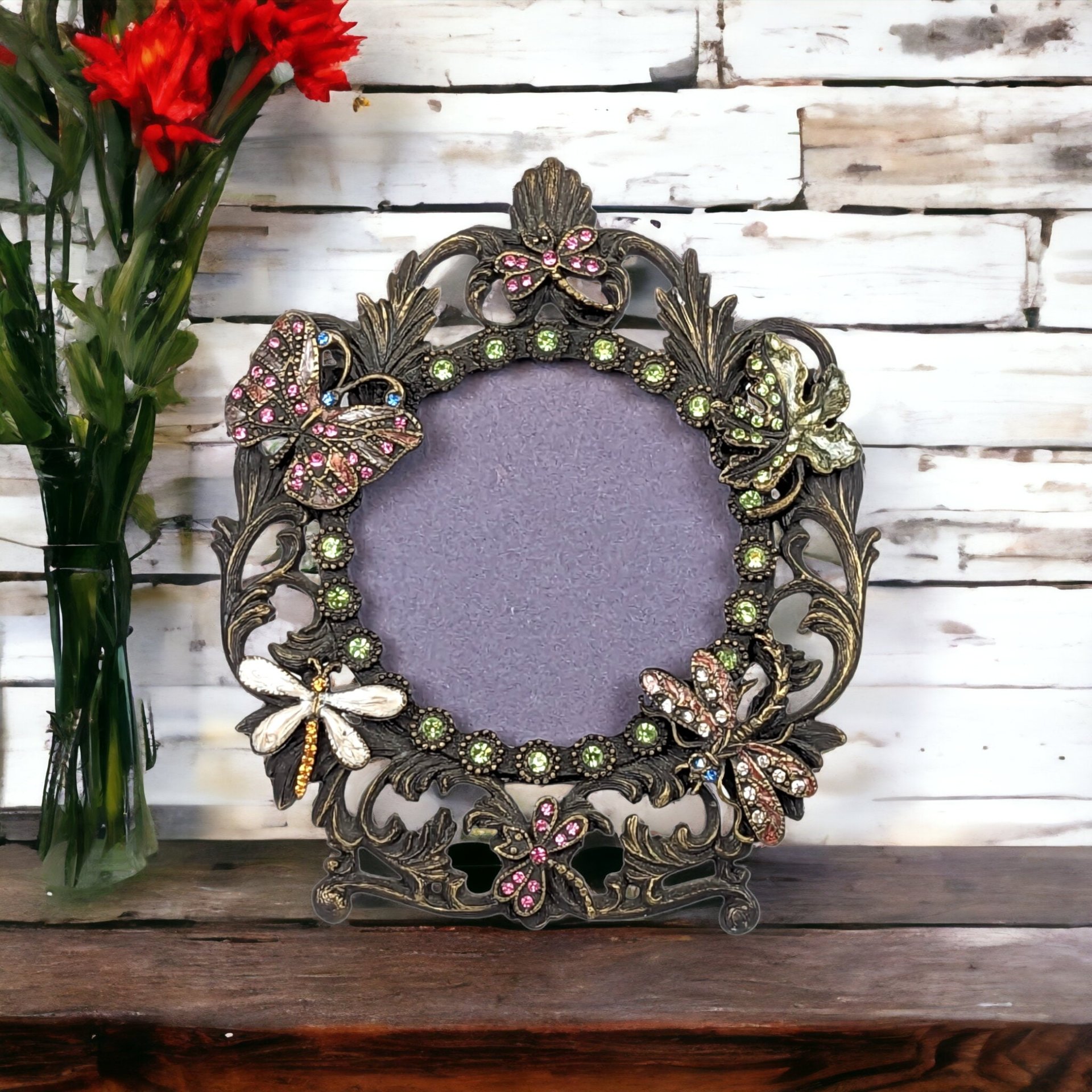 Metal Picture Frame with Crystal and Enamel Butterfly & Dragonfly Accents
