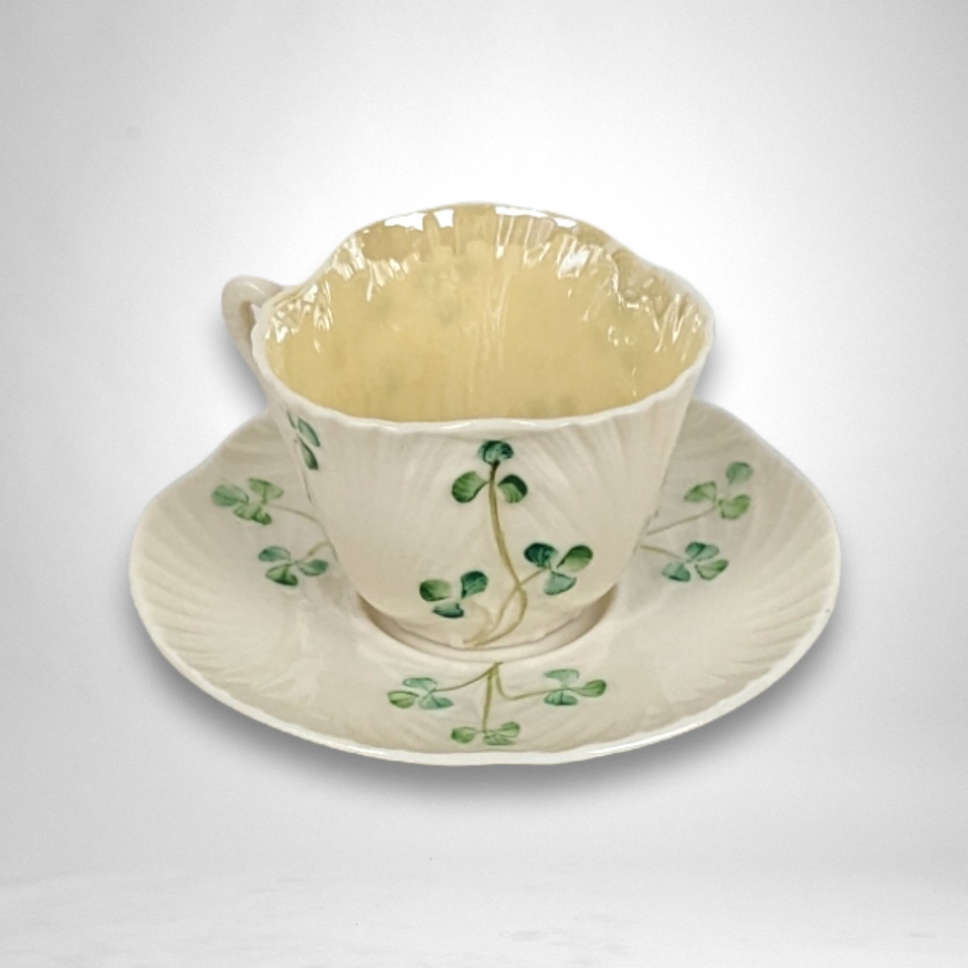 Elegant Belleek Shamrock Harp Demitasse Cup & Saucer Set