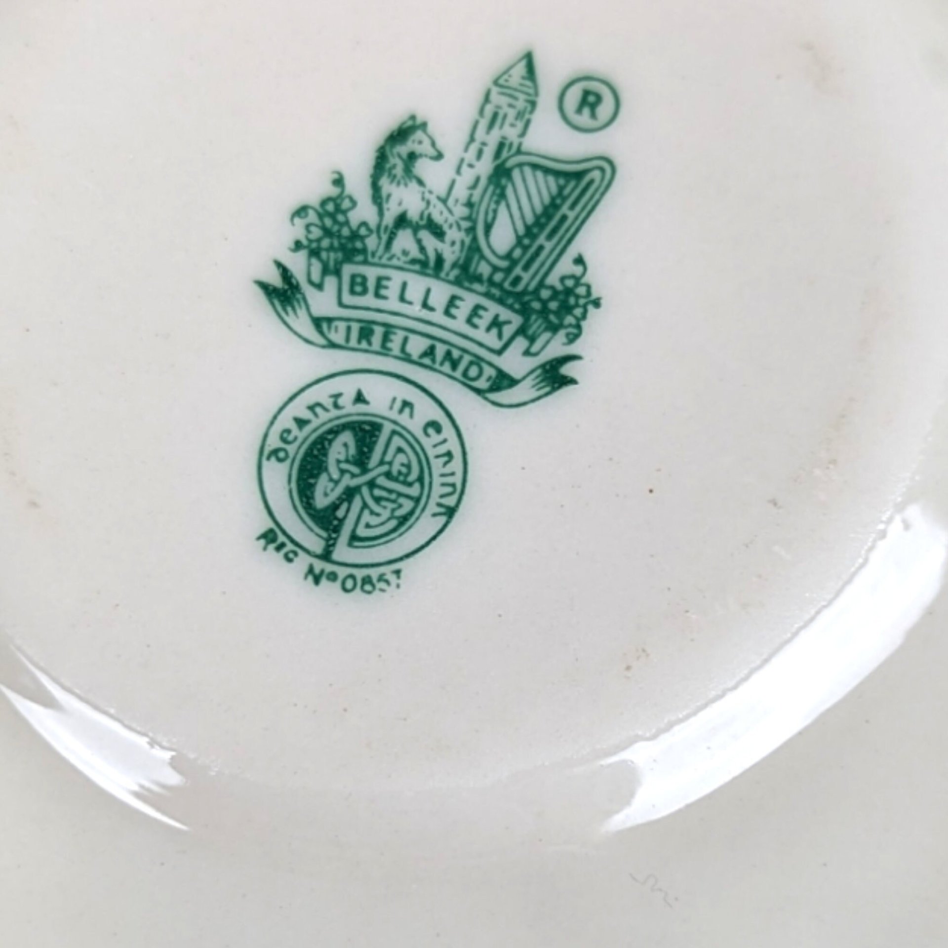 Elegant Belleek Shamrock Harp Demitasse Cup & Saucer Set