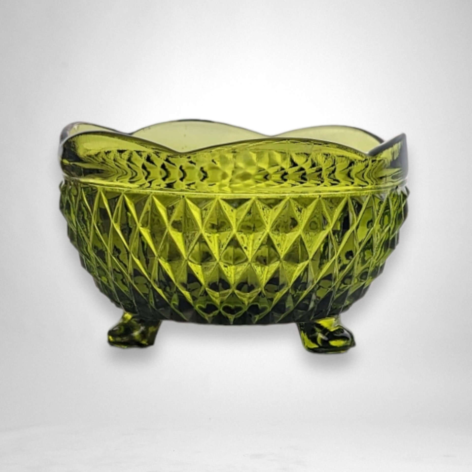 Elegant Indiana Glass Diamond Point Green Footed Bon Bon Dish