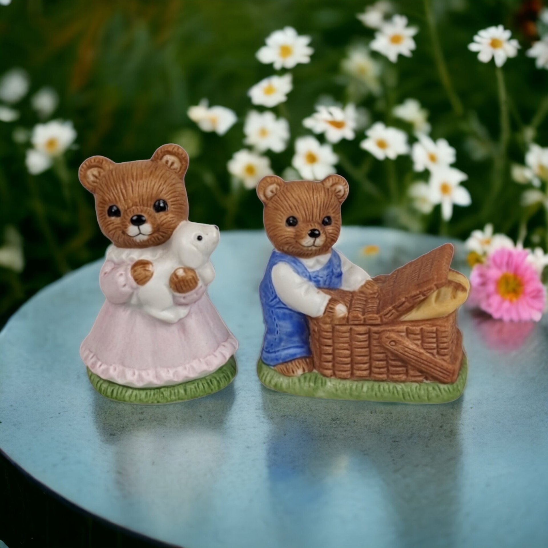 Set of 2 Homco Teddy Bear Picnic Ceramic Figurines 1462