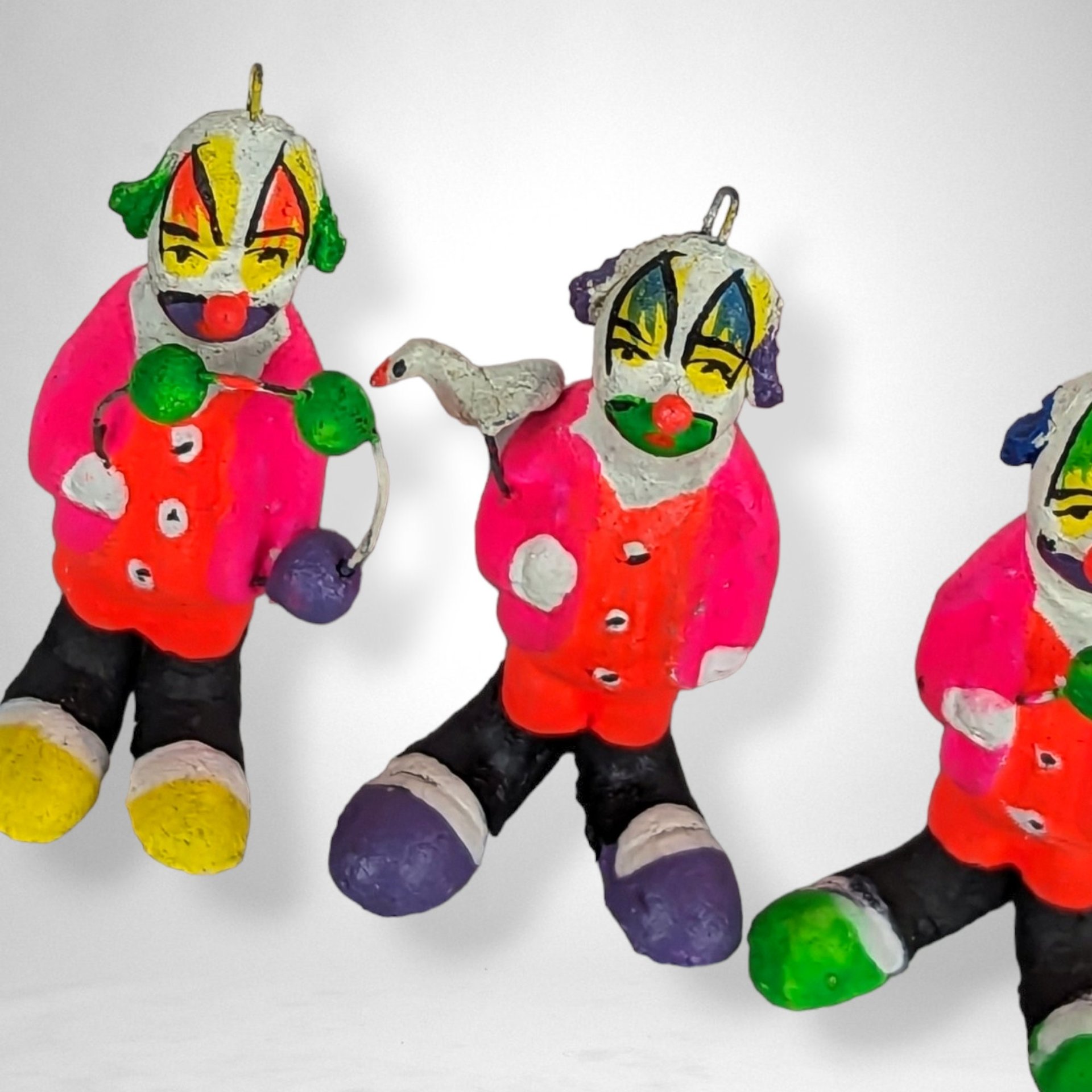 Set of 6 Small Vintage Paper Mache Folk Art Clown Figurines - Whimsical Collectibles