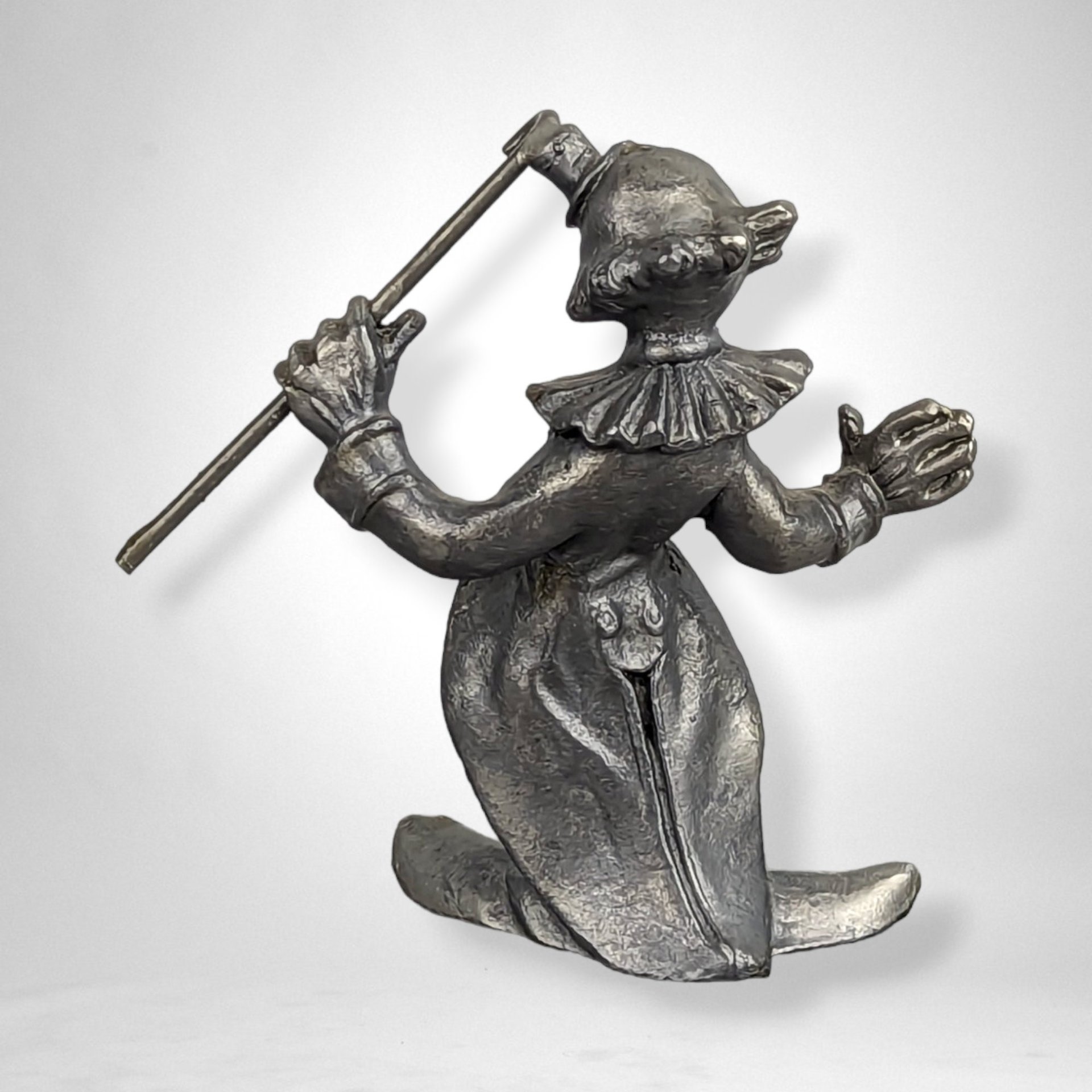 Vintage Clown with Cane Pewter Figurine - Charming Collectible Circus-inspired Sculpture