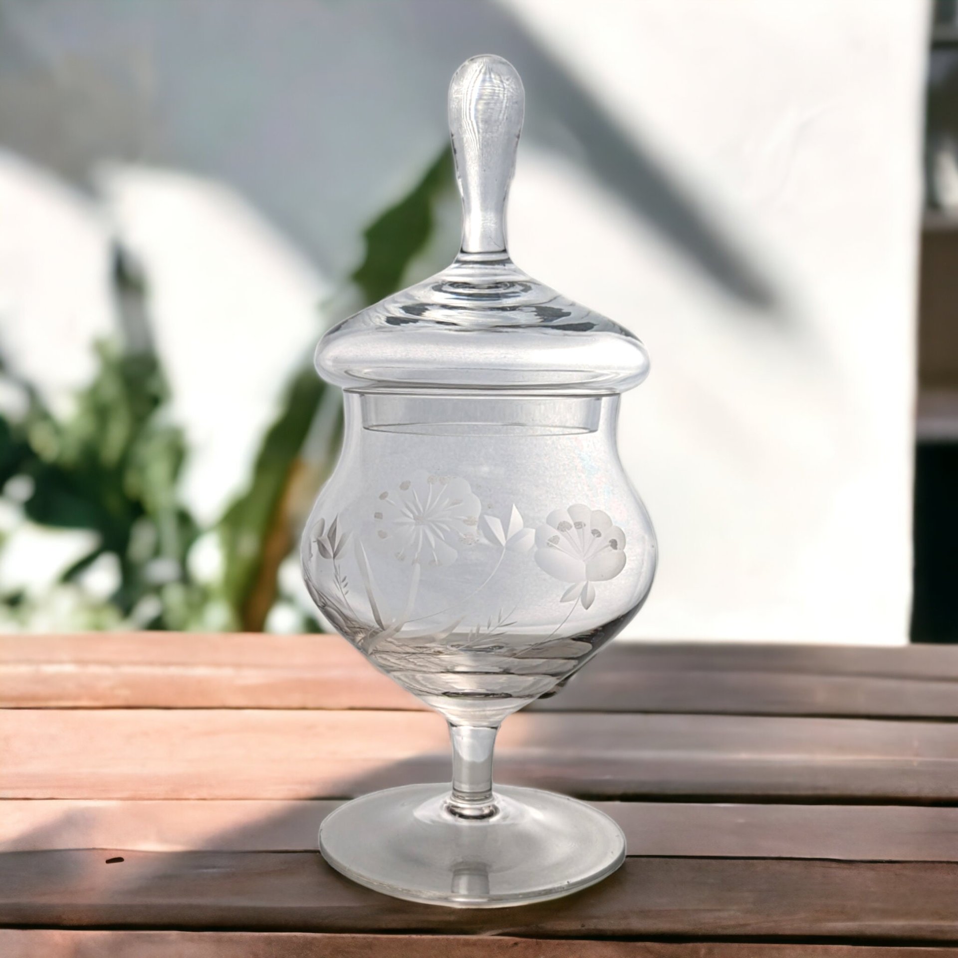 Vintage Clear Glass Candy Dish with Lid & Etched Flower Design