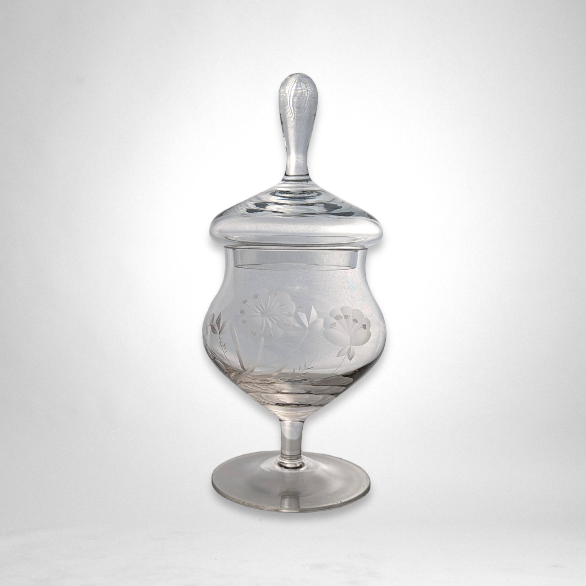 Vintage Clear Glass Candy Dish with Lid & Etched Flower Design