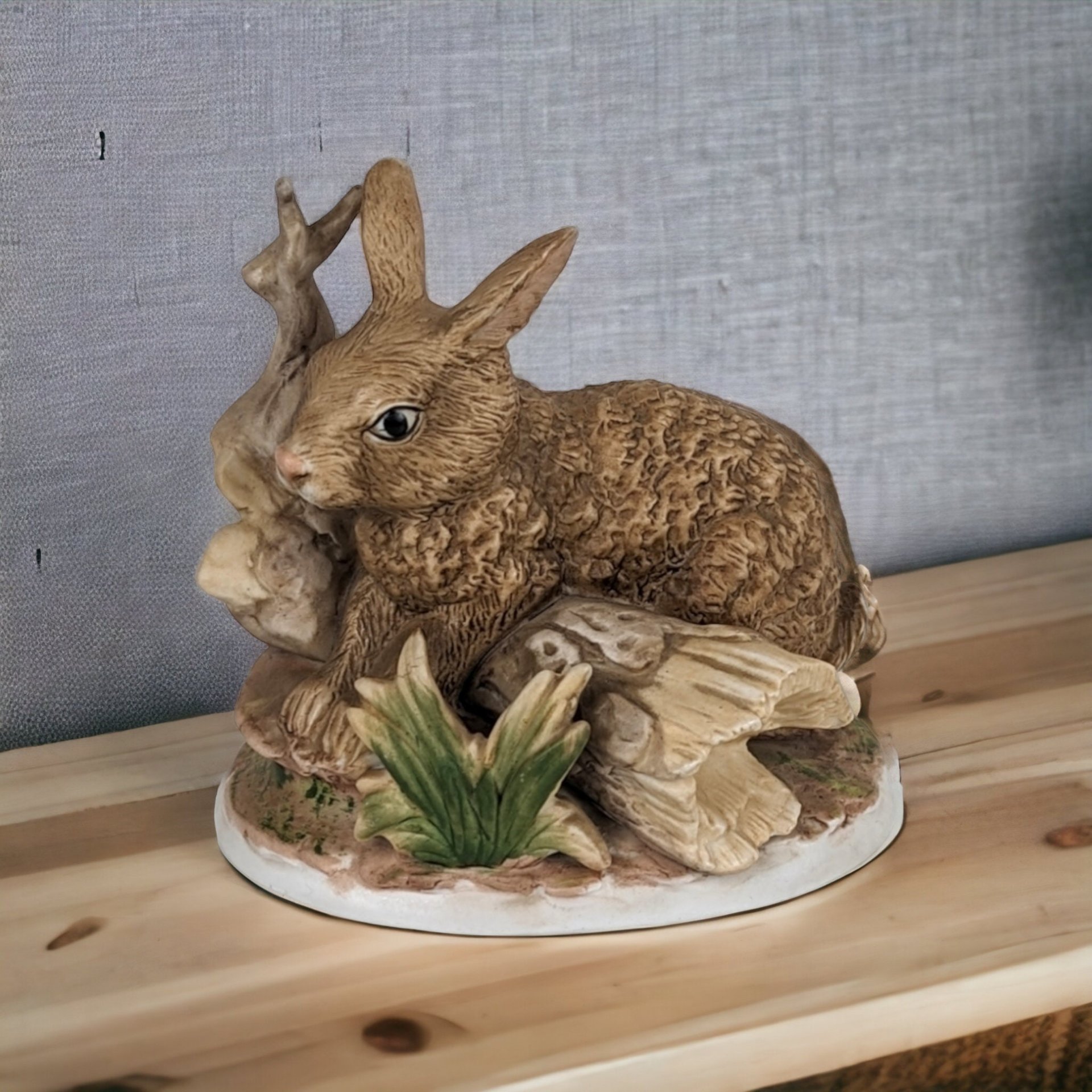 Homco Rabbit on Log Ceramic Figurine