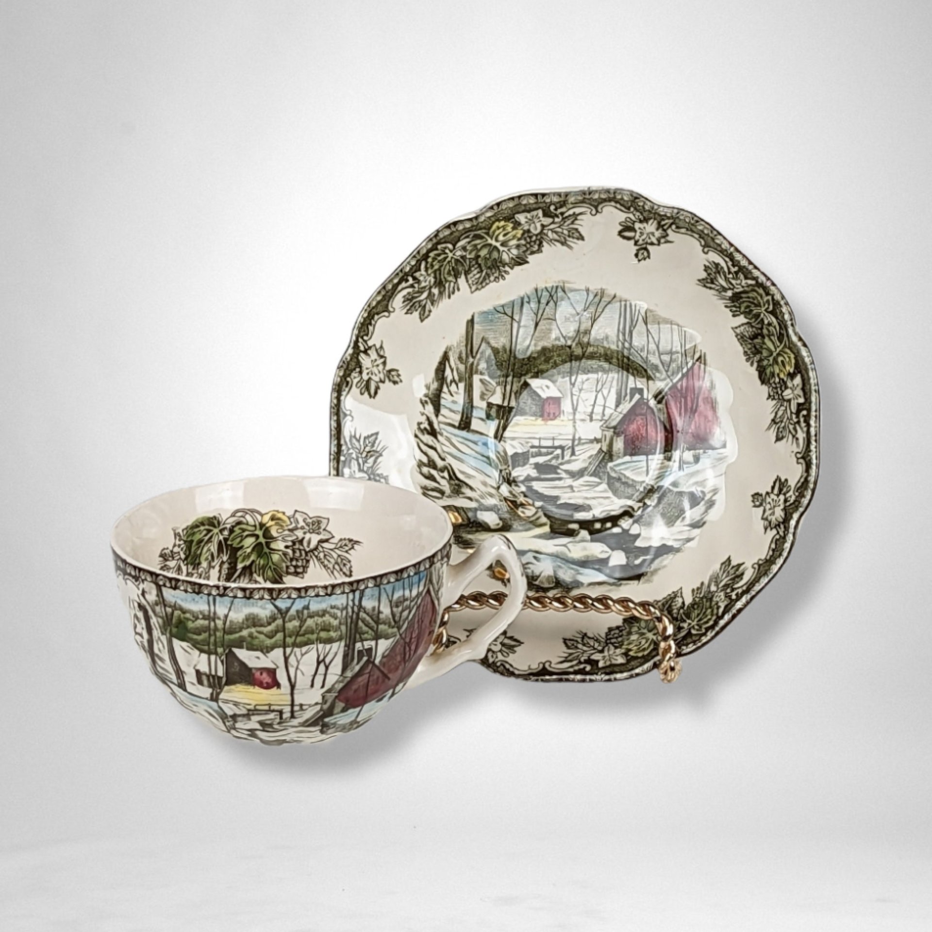 Set of 3 Johnson Bros Friendly Village Ice House Cup and Saucer Sets - Charming Collectible Tableware