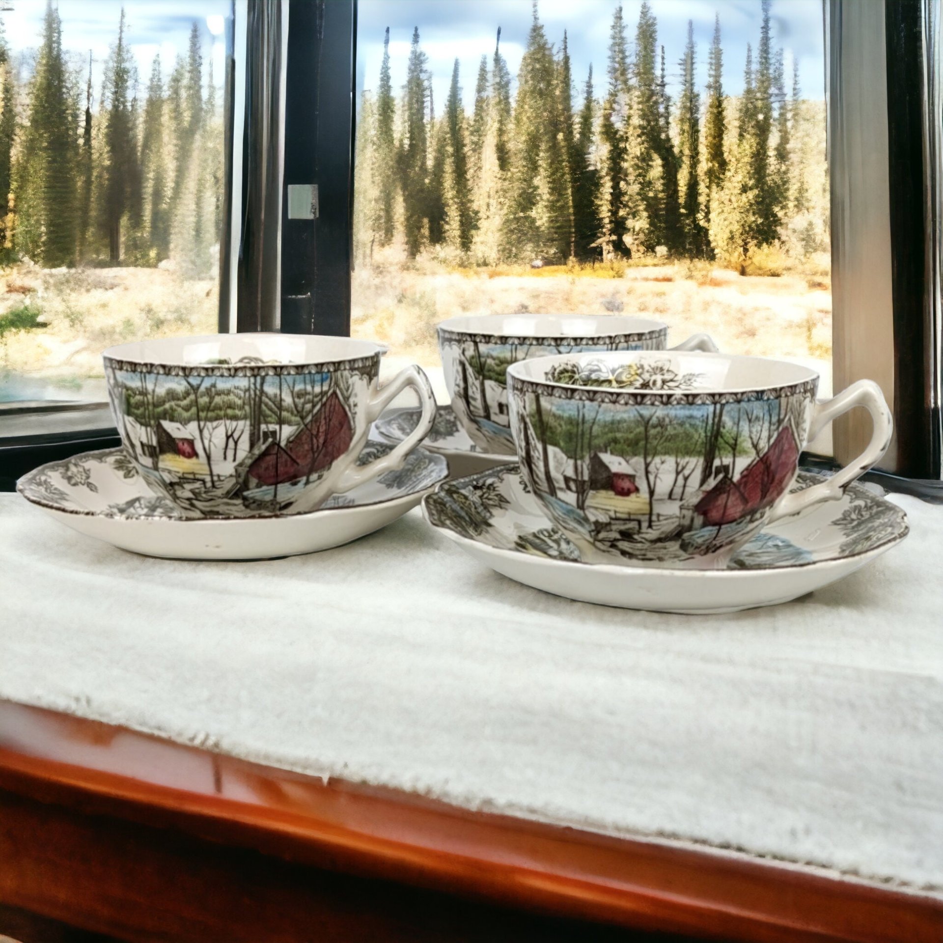 Set of 3 Johnson Bros Friendly Village Ice House Cup and Saucer Sets - Charming Collectible Tableware