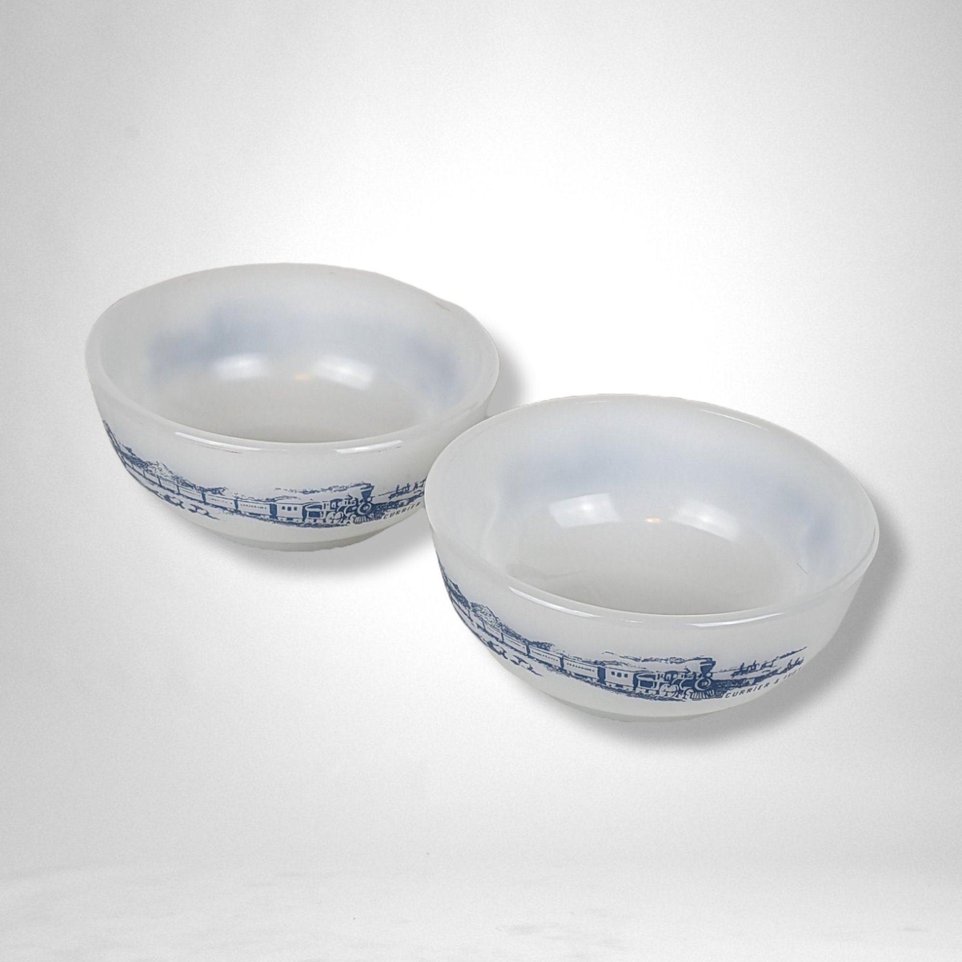 Glasbake Ovenware Currier and Ives Coupe Cereal Bowl Pair - Vintage Collectible Bowls