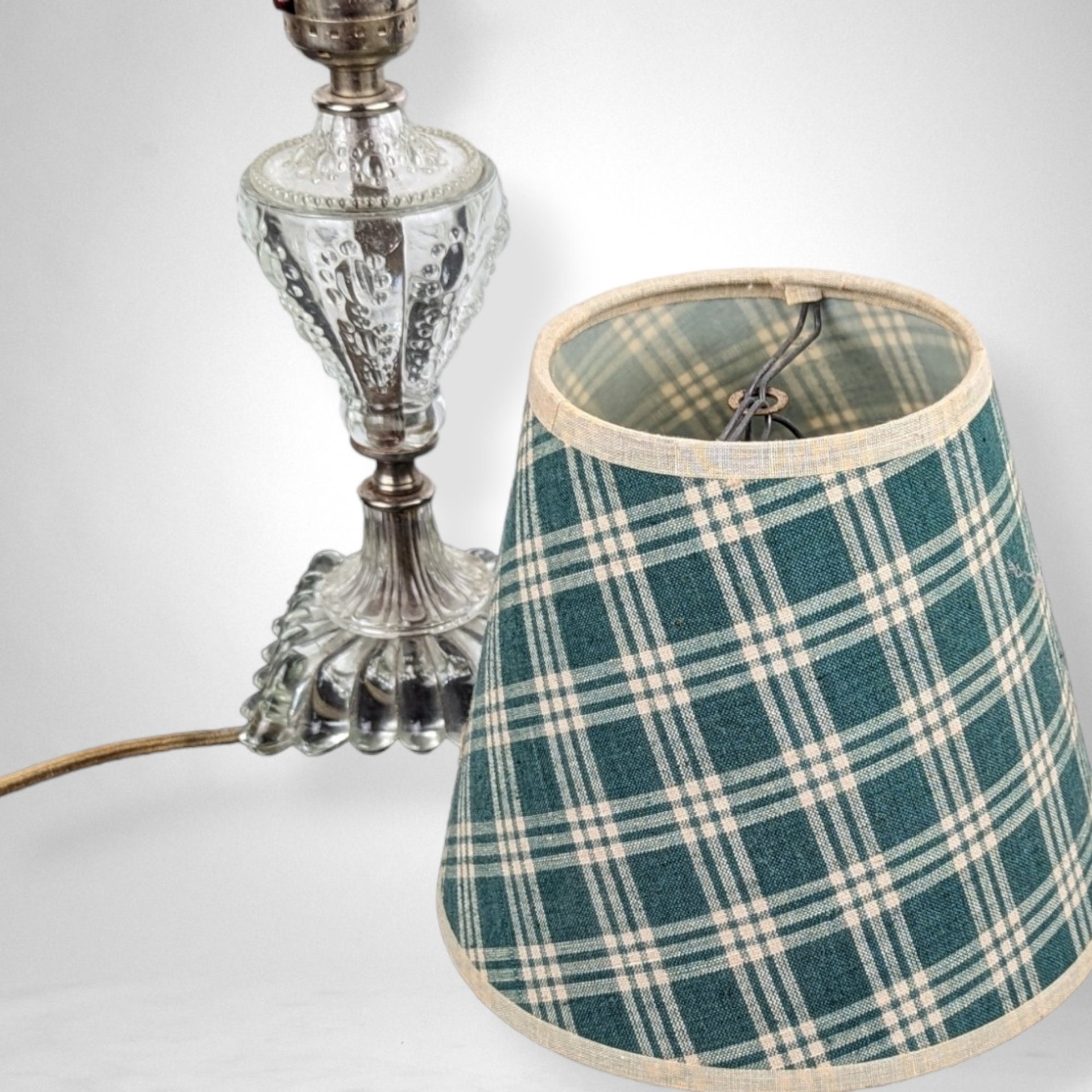 Vintage Glass Lamp with Plaid Shade: Retro Lighting Decor