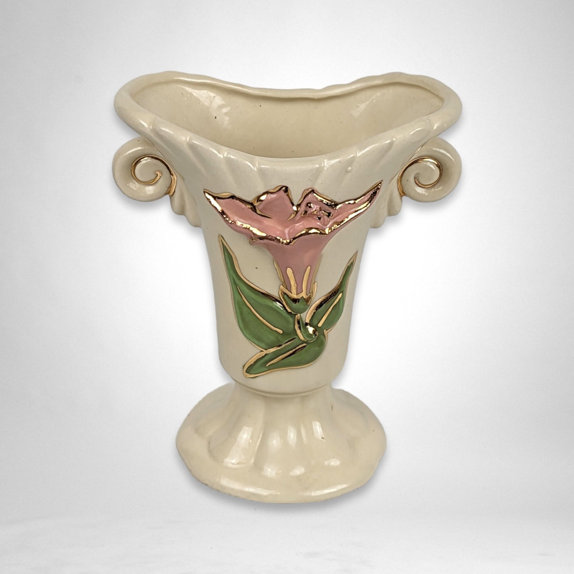 Vintage Art Pottery 5" Bud Vase with Pink Flower