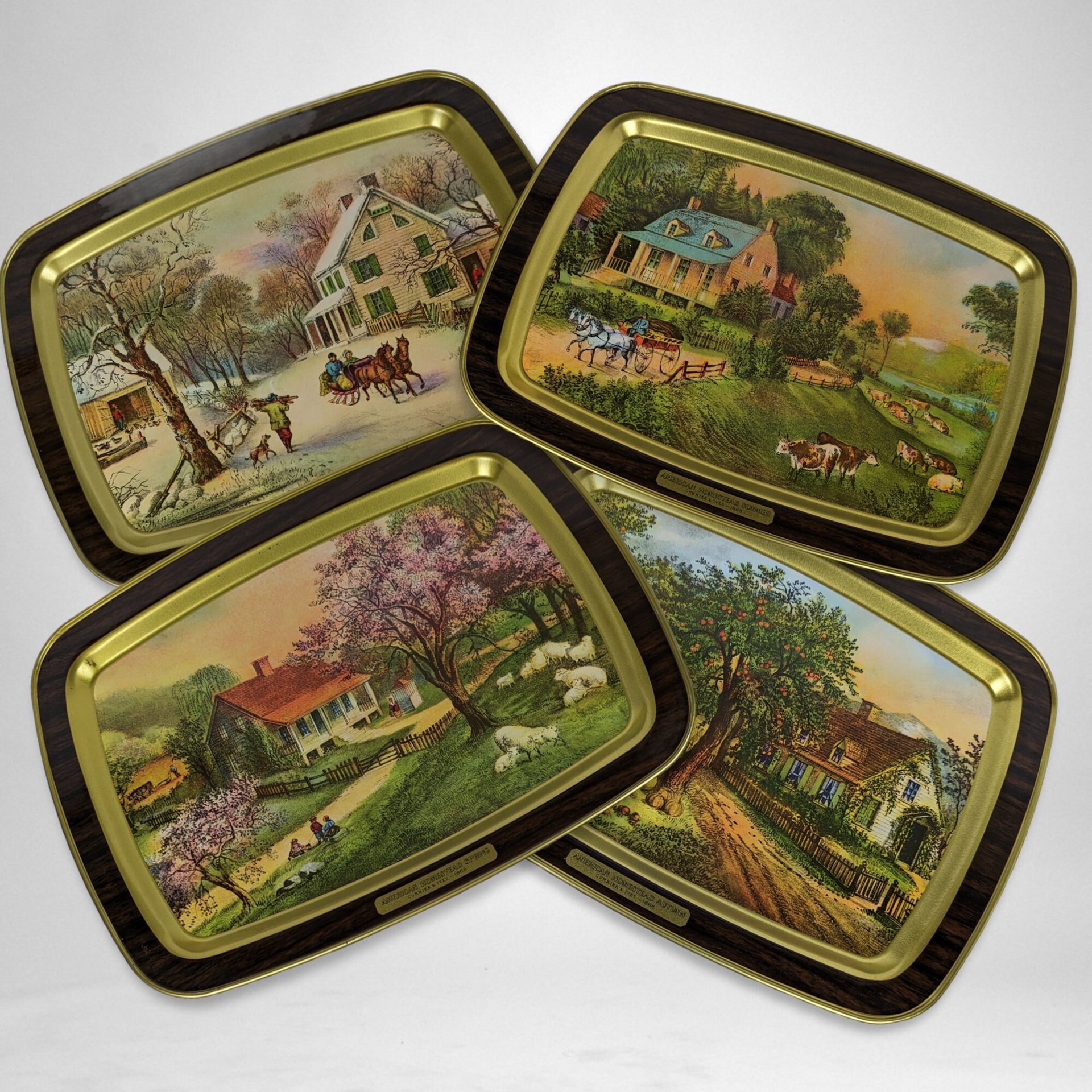 Set of 4 Currier and Ives American Homestead 4 Seasons Tin Trays