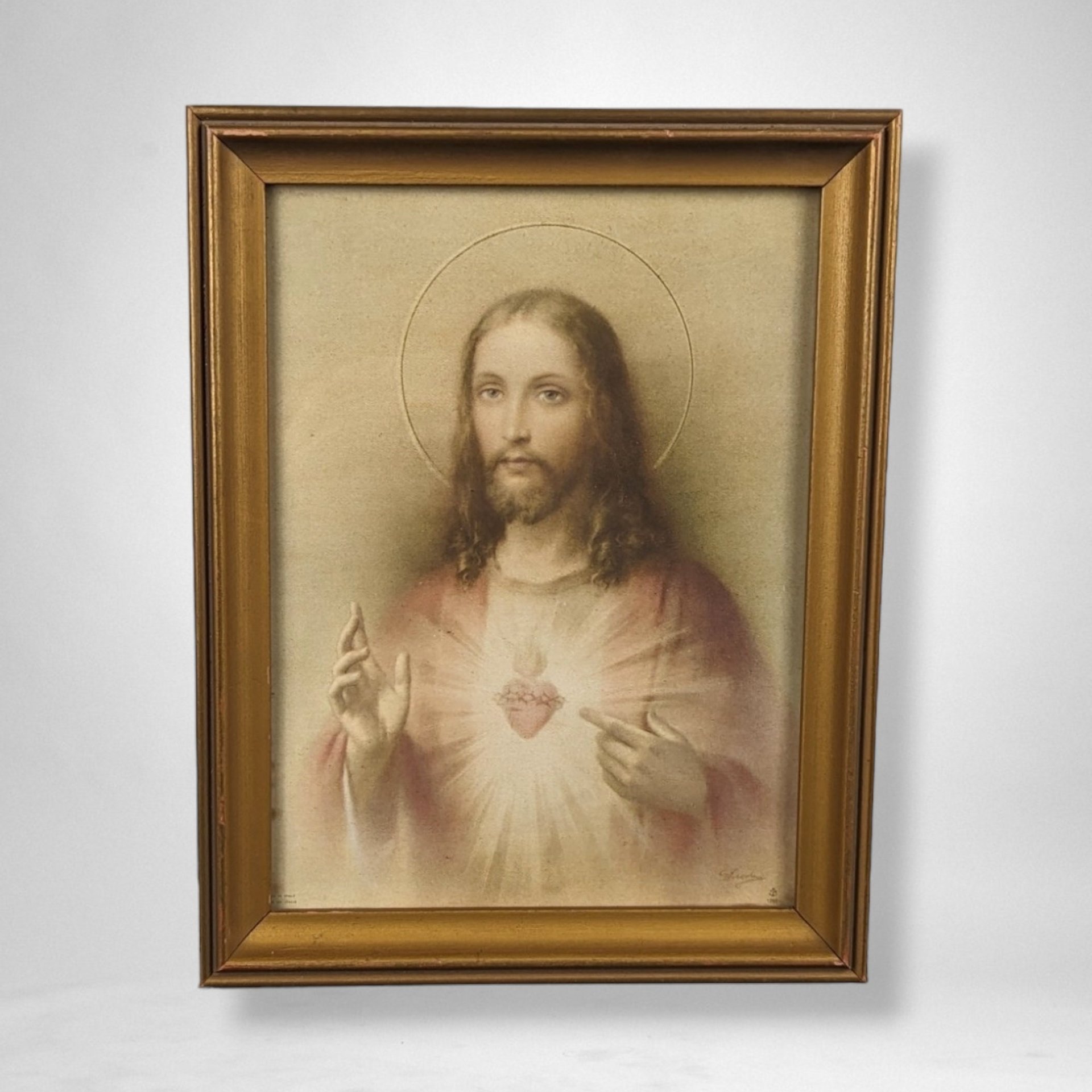 Vintage Framed 9x7" Sacred Heart of Jesus Print: Religious Art Collectible