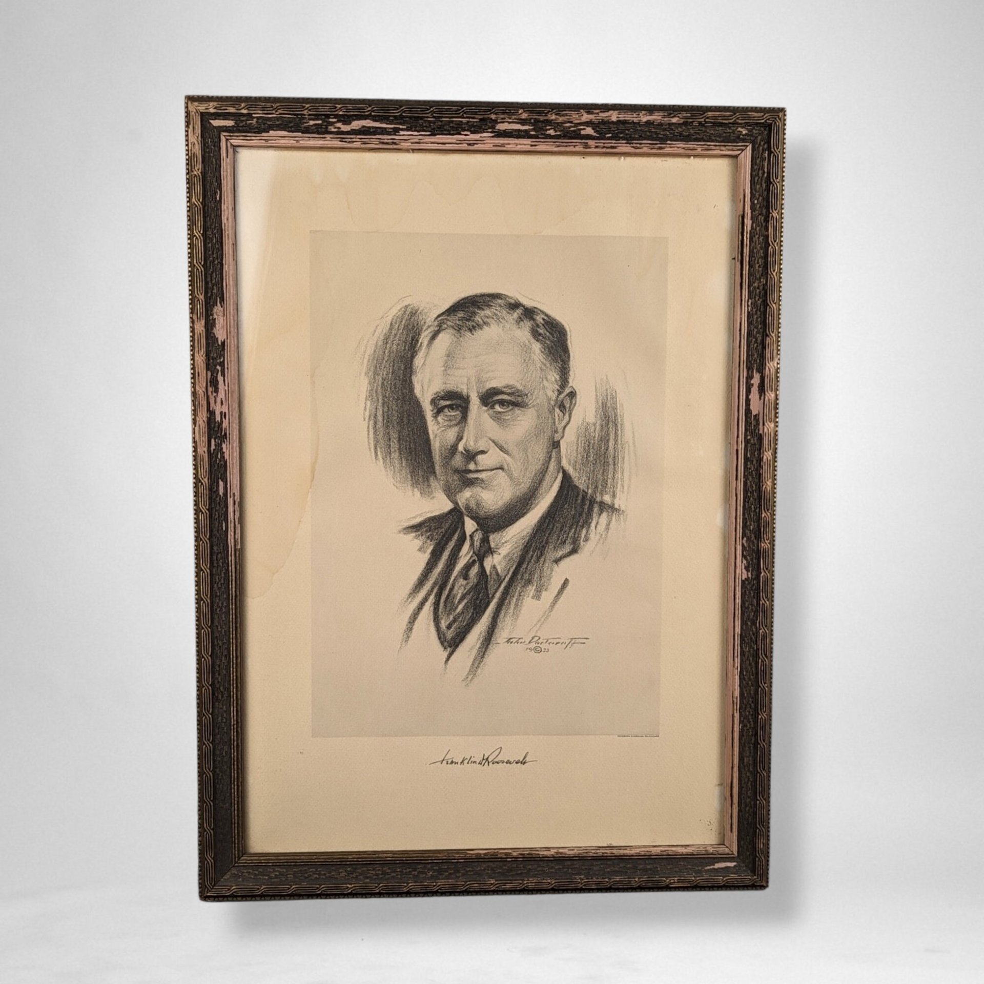 1933 Framed Charcoal Sketch of Franklin Roosevelt: Historical Artwork