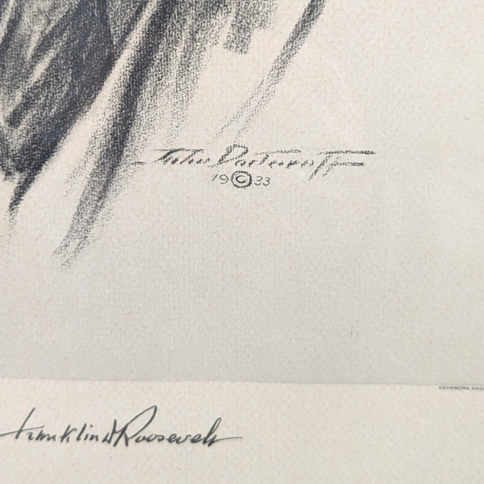 1933 Framed Charcoal Sketch of Franklin Roosevelt: Historical Artwork