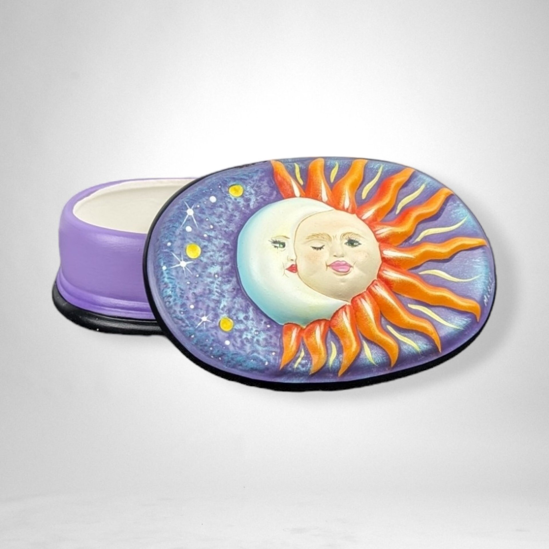 Hand Painted Sun and Moon Celestial Ceramic Box with Lid