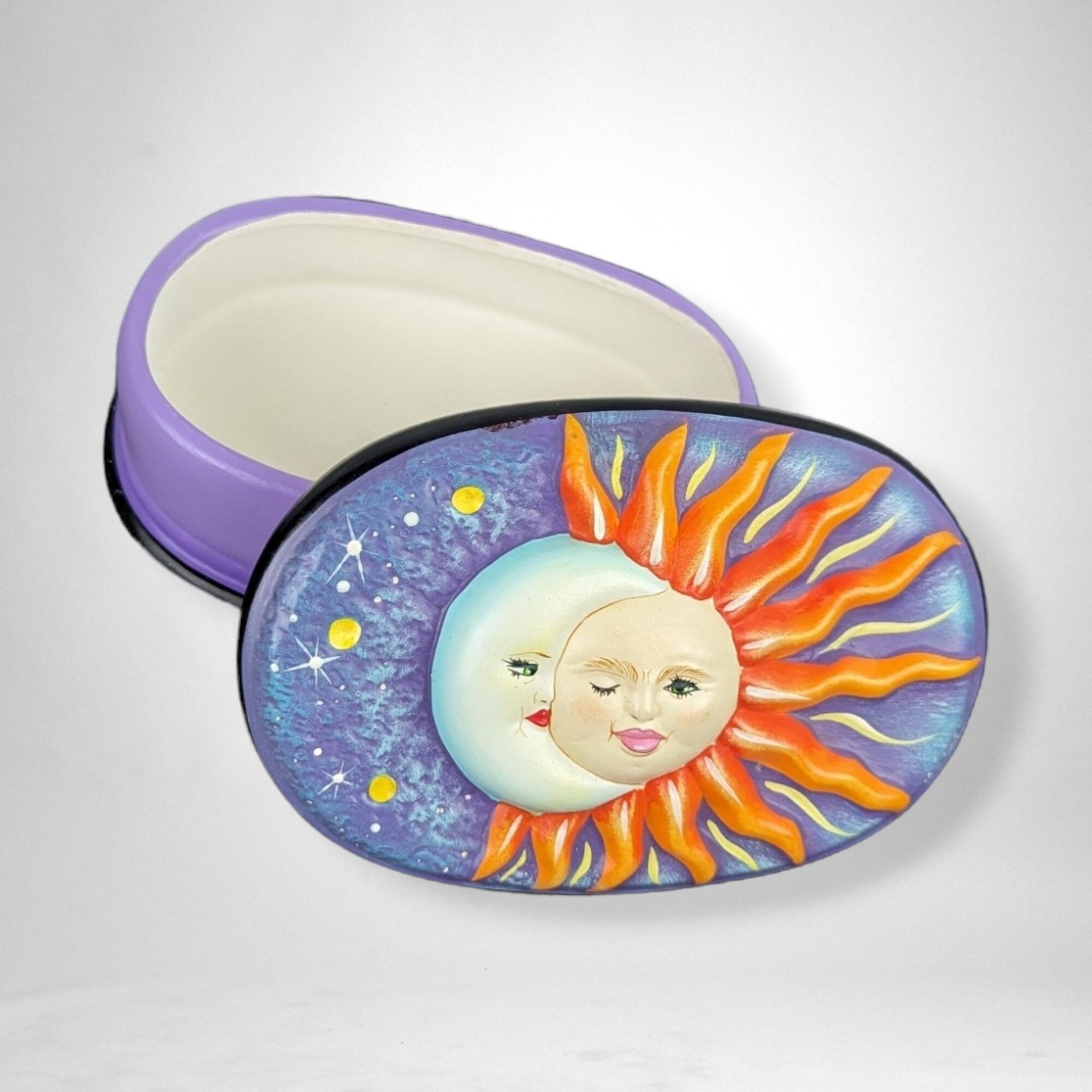 Hand Painted Sun and Moon Celestial Ceramic Box with Lid