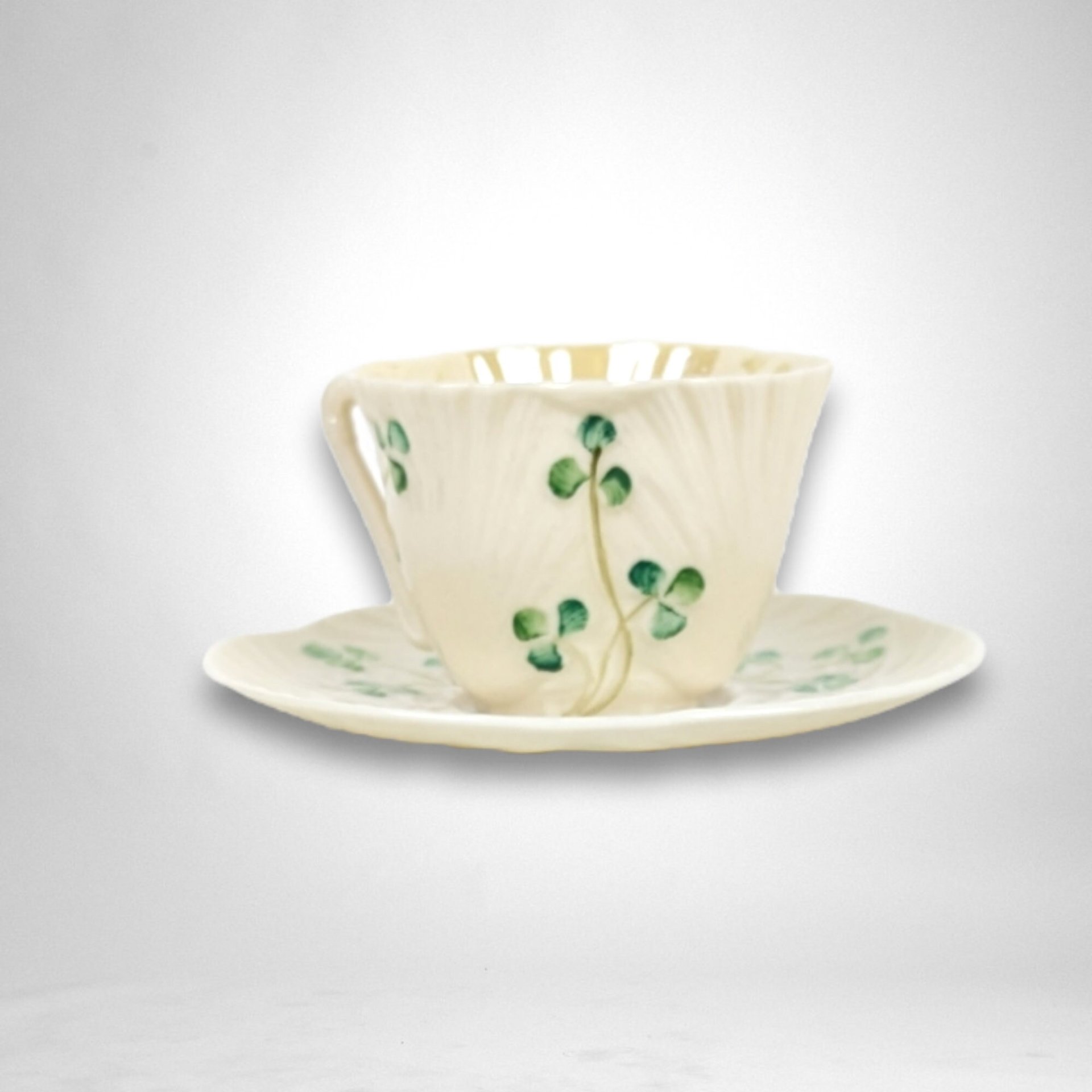Elegant Belleek Shamrock Harp Demitasse Cup & Saucer Set