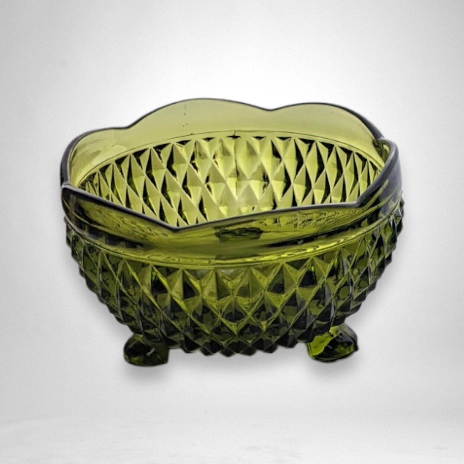 Elegant Indiana Glass Diamond Point Green Footed Bon Bon Dish