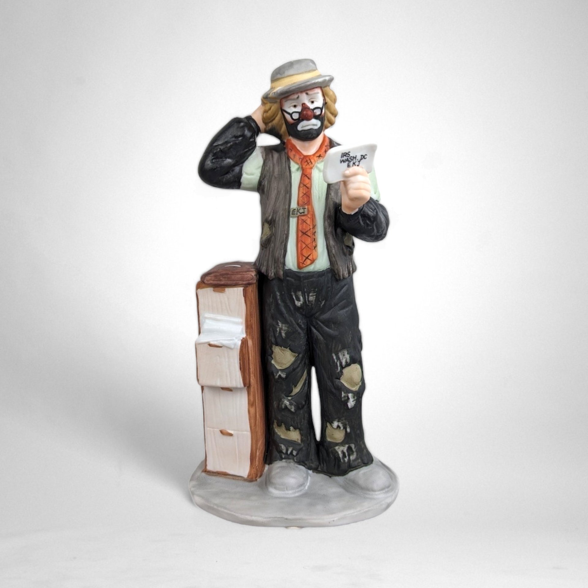Vintage Emmett Kelly Jr. Accountant IRS Figurine: Tax Season Whimsy (8" Ceramic)