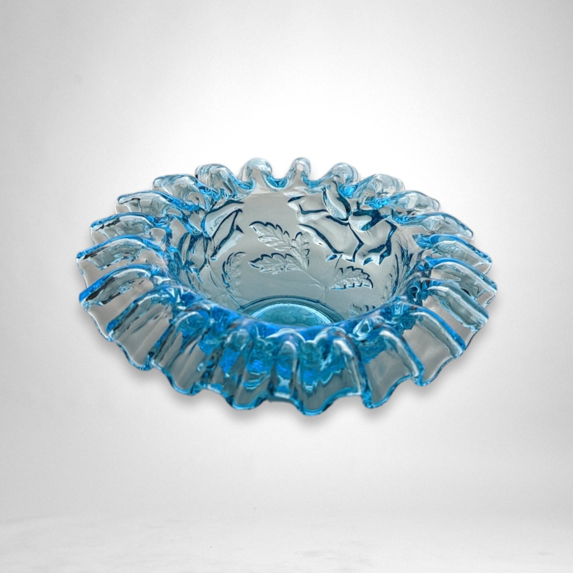 Small Ruffled Blue Glass Crimped Bowl