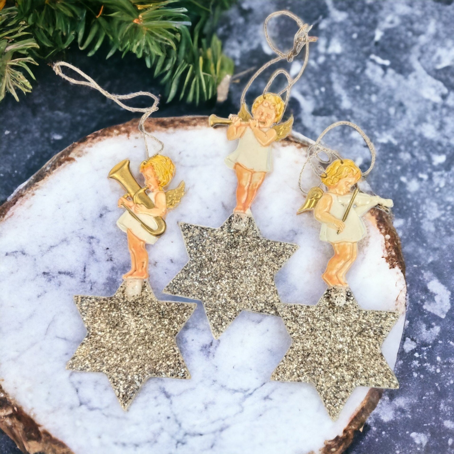Set of 3 Vintage Angels Playing Instruments on Stars Ornaments – Heavenly Holiday Decor