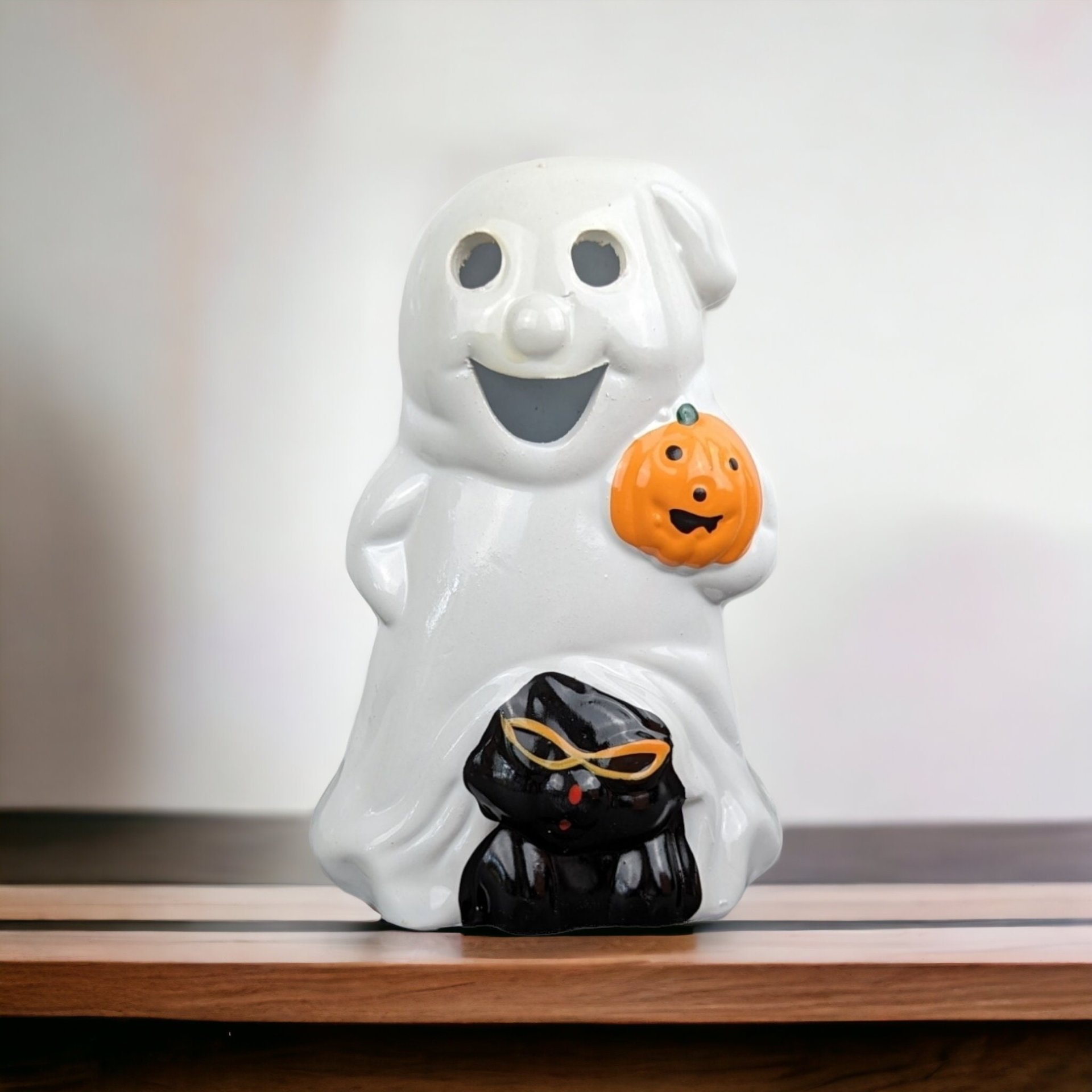 1970s Vintage Ghost and Cat Halloween Tealight Candle Holder