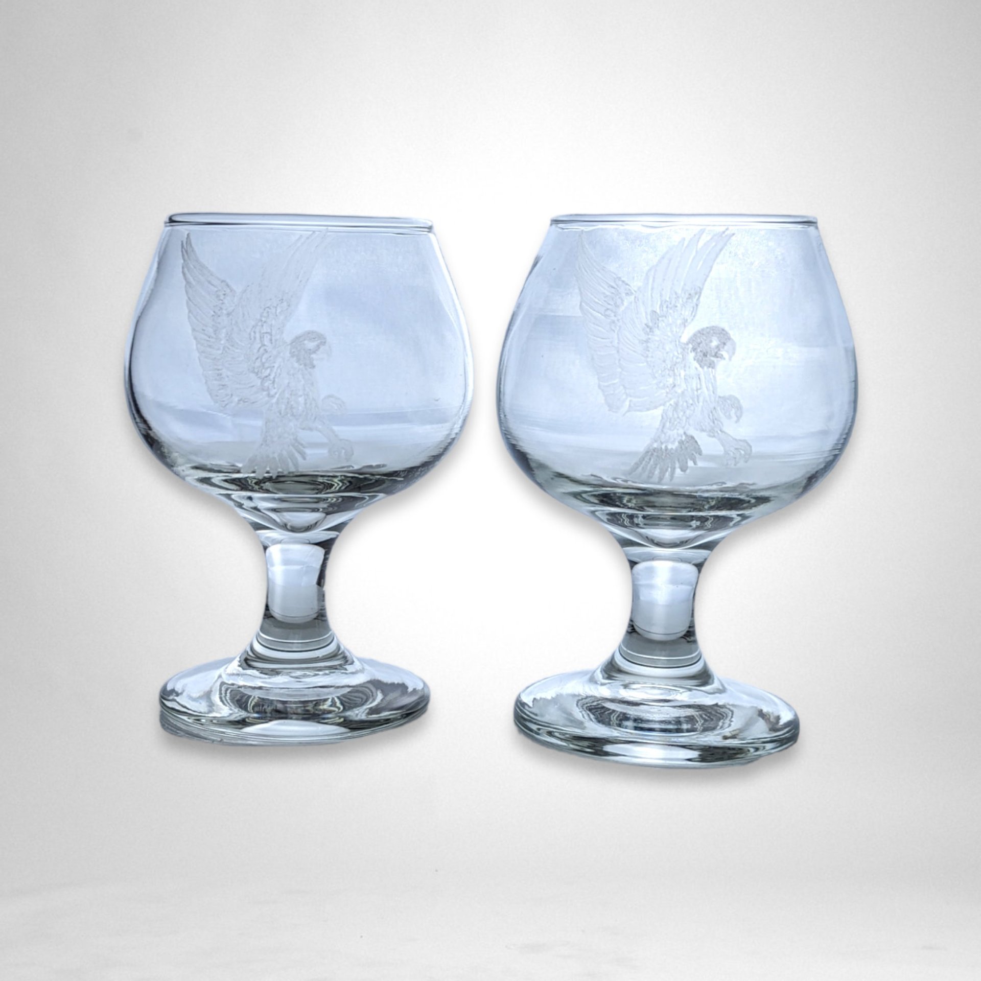 Pair of Vintage Brandy Glasses with Etched Eagle – Elegant Glassware Collectibles