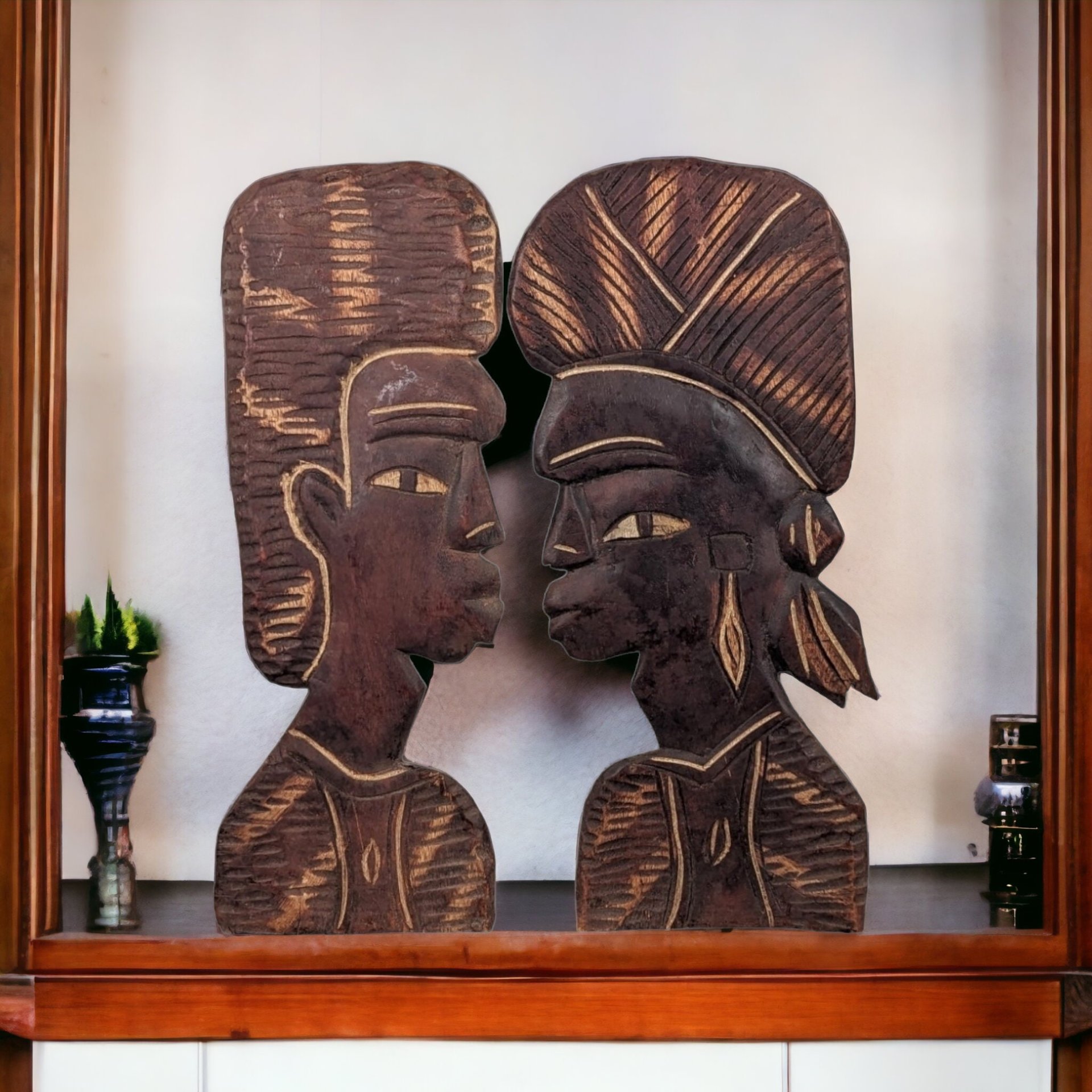 Pair of African Wooden Head Wall Decor