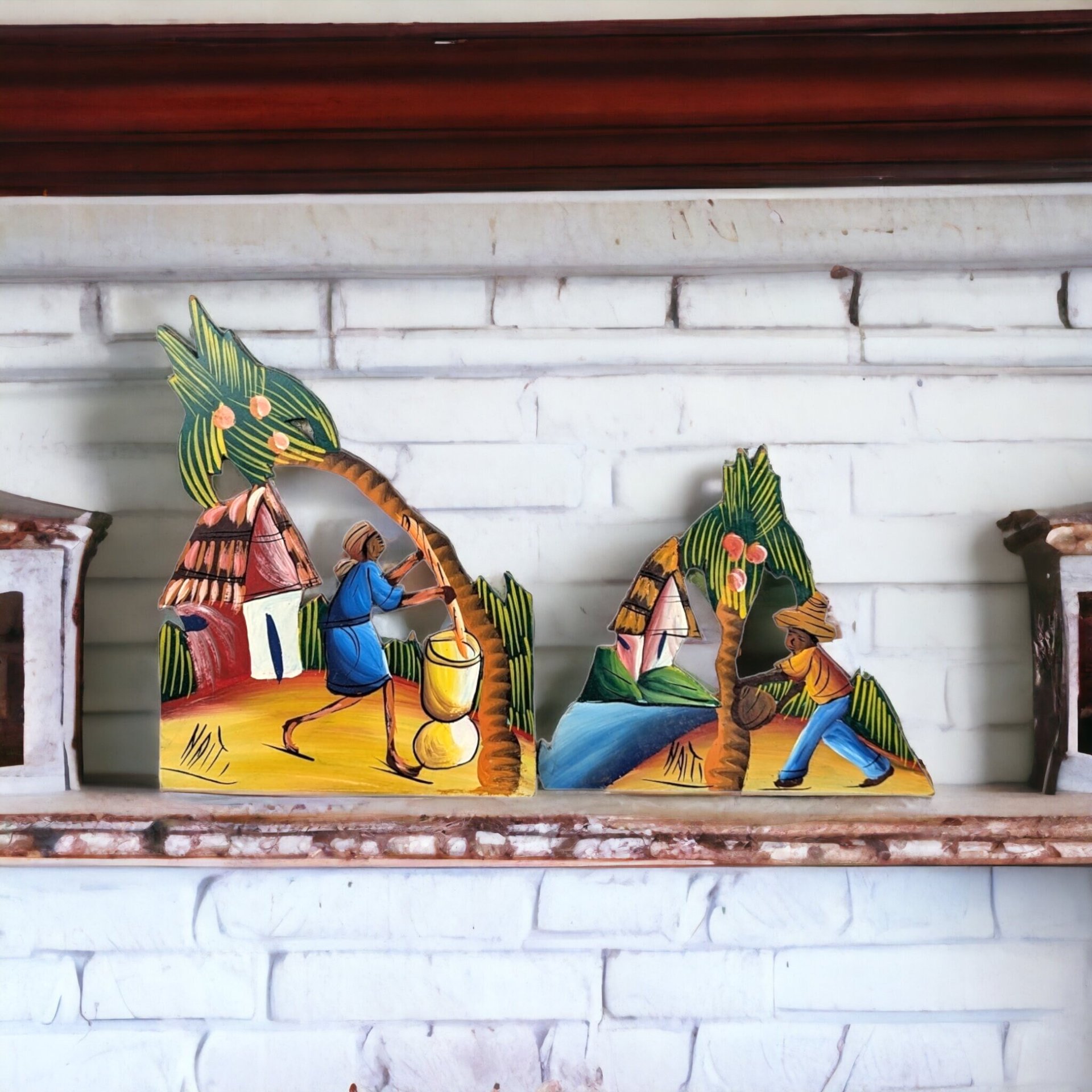 Pair of Artisan Handmade Painted Pictures Featuring Palm Trees from Haiti