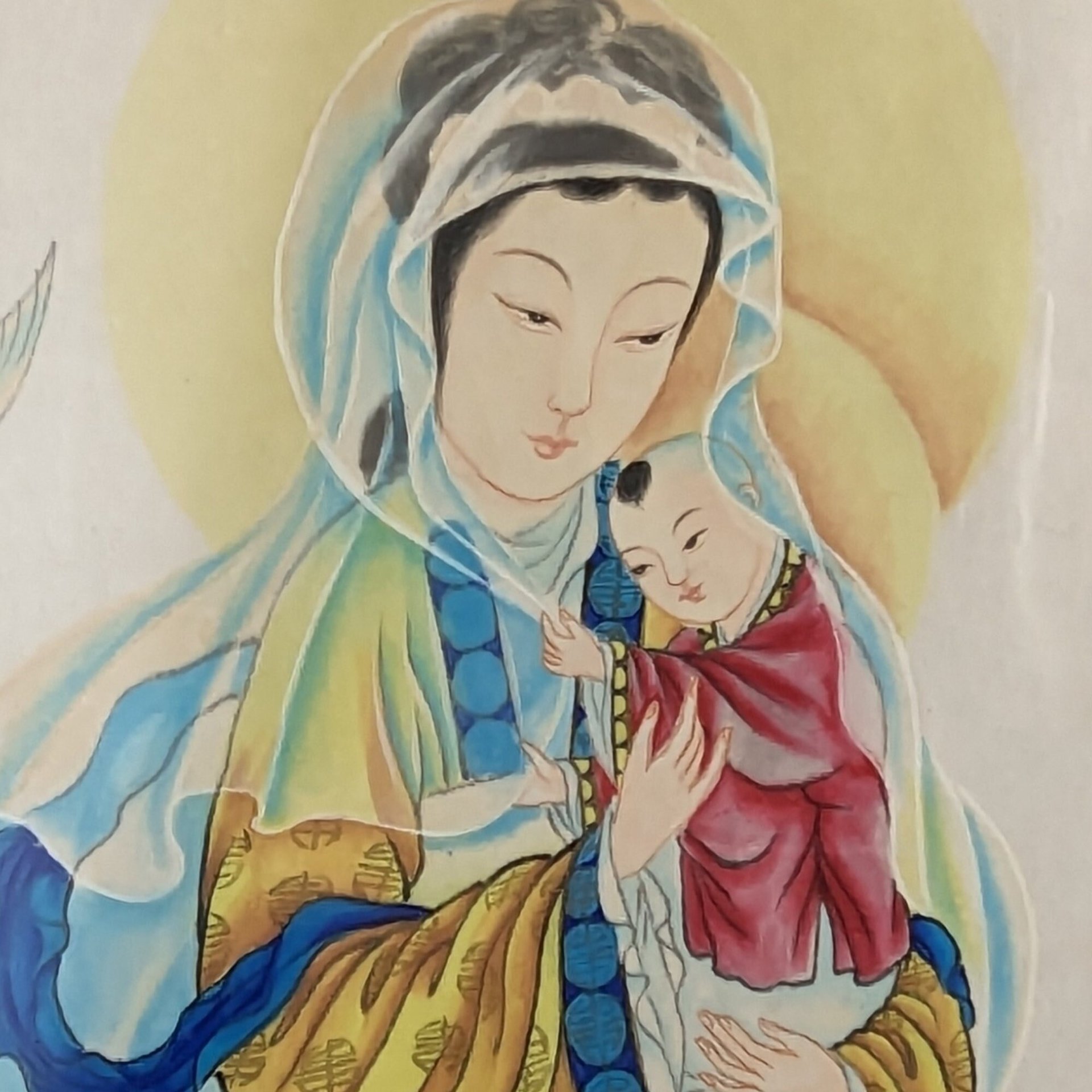 Sacred Beauty: Vintage Framed Chinese Our Lady of China and Madonna on Silk