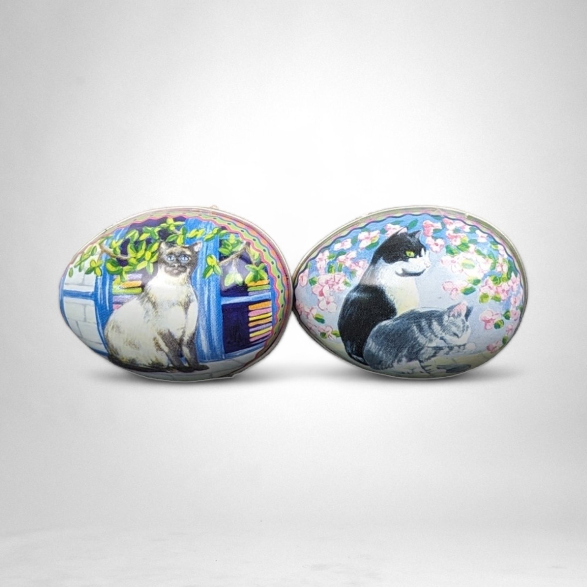 Vintage Cat-Themed Egg Shaped Tin Duo