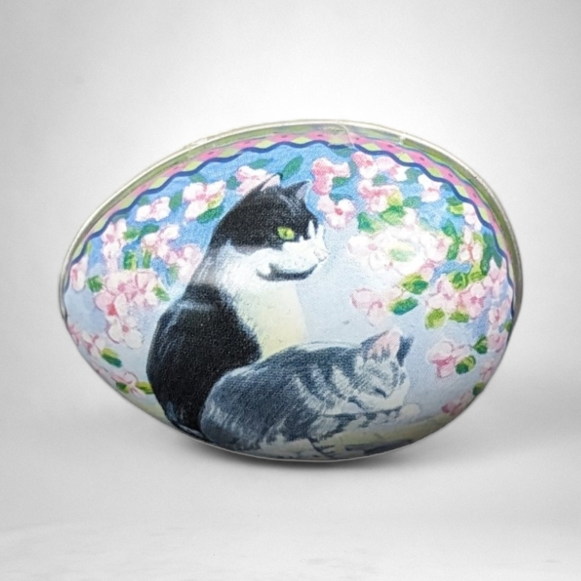 Vintage Cat-Themed Egg Shaped Tin Duo