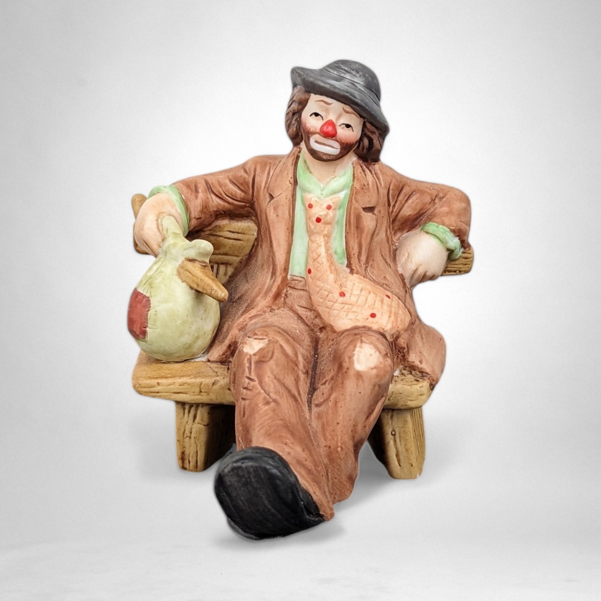 Pair of Vintage Emmett Kelly Jr. Hobo Clown on Bench Figurines - Whimsical Collectibles