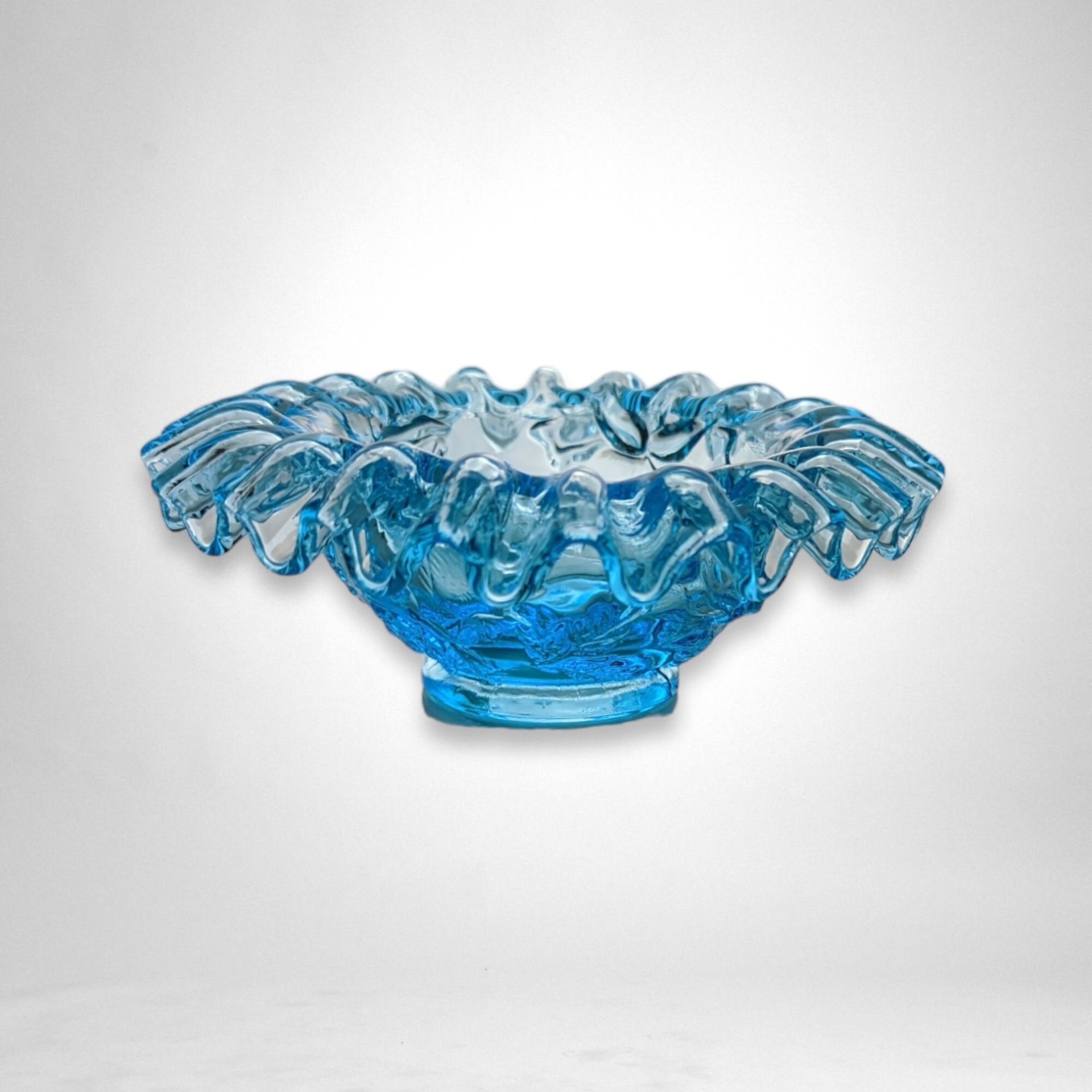 Small Ruffled Blue Glass Crimped Bowl