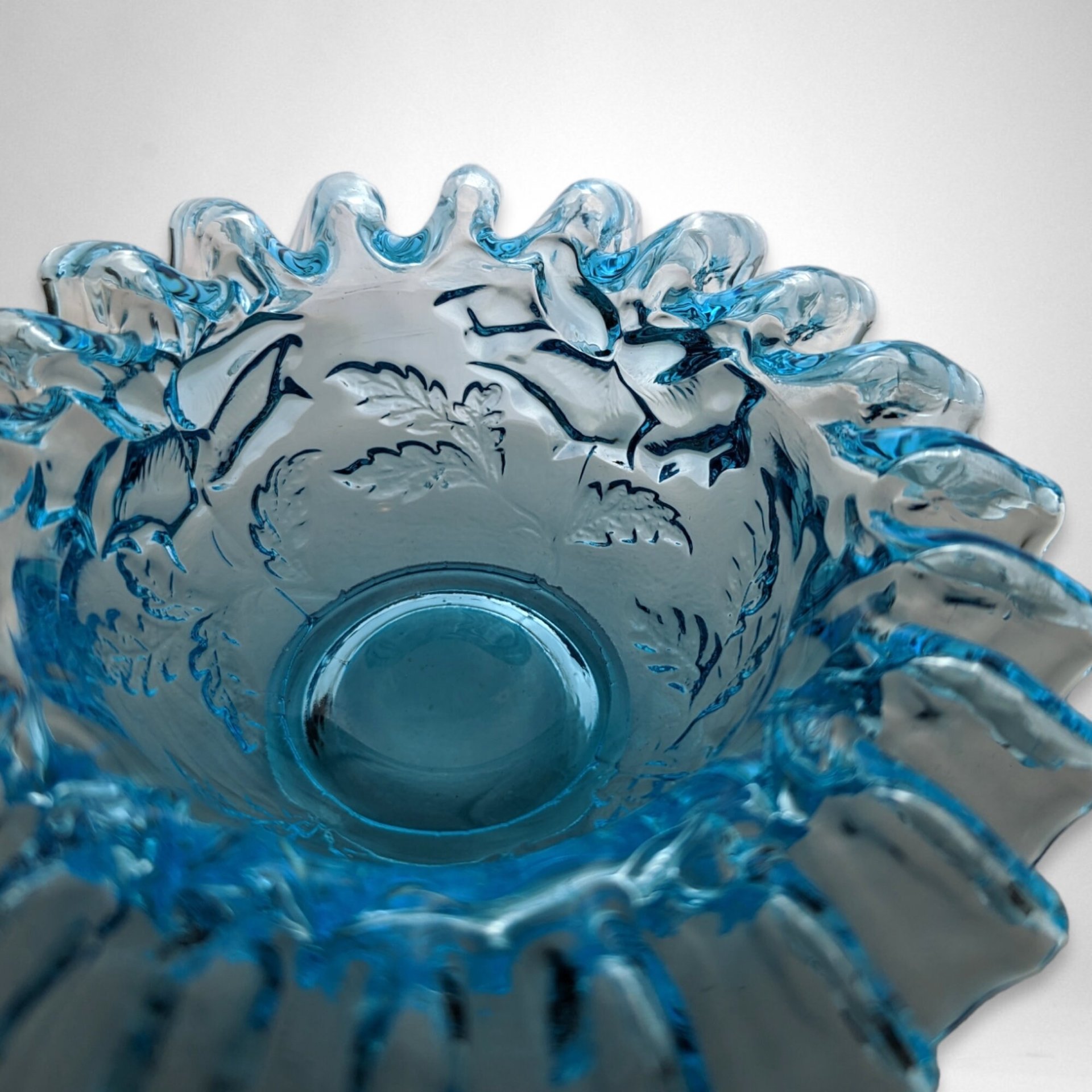 Small Ruffled Blue Glass Crimped Bowl