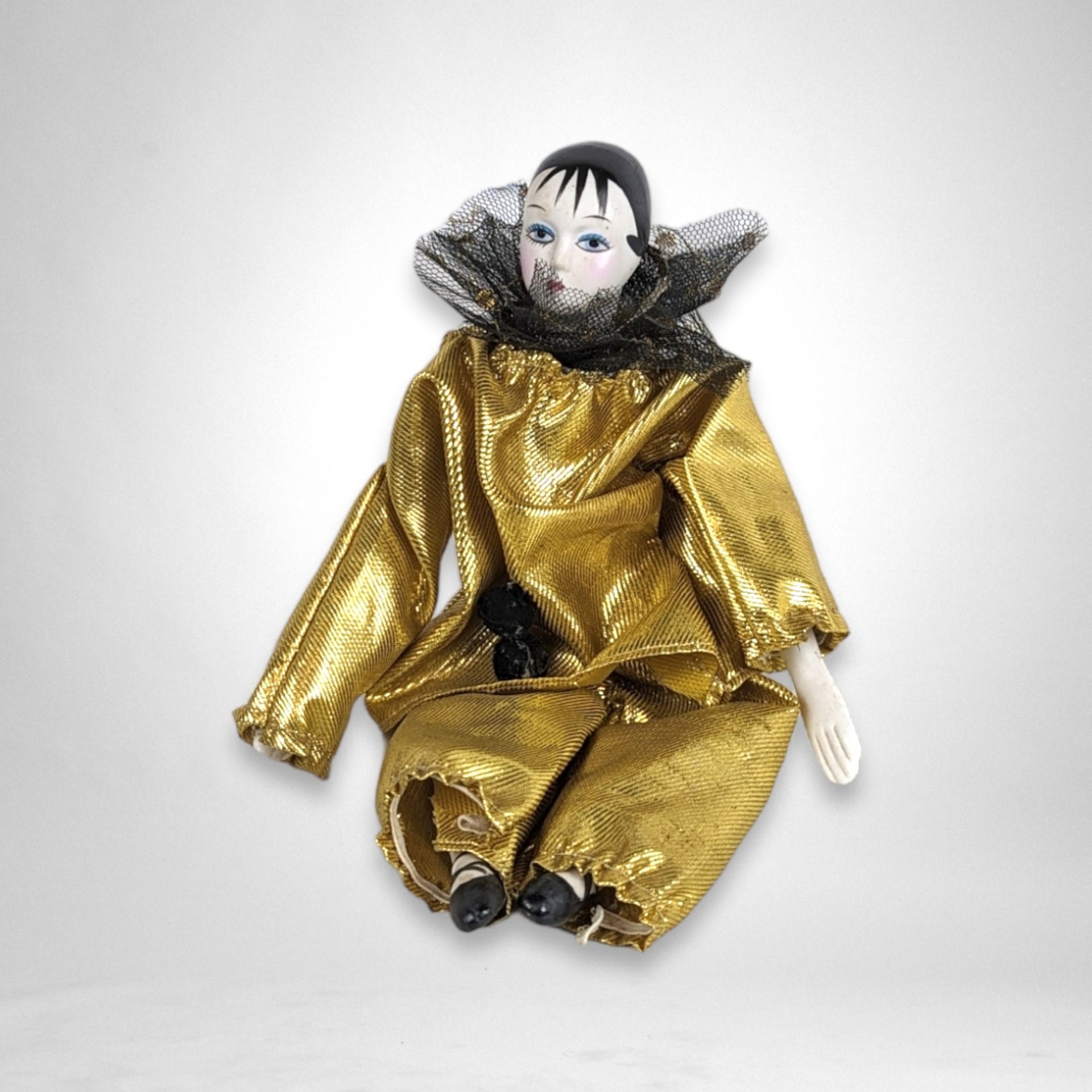 Porcelain Gold Glamour Harlequin Doll: A Touch of Elegance and Mystery