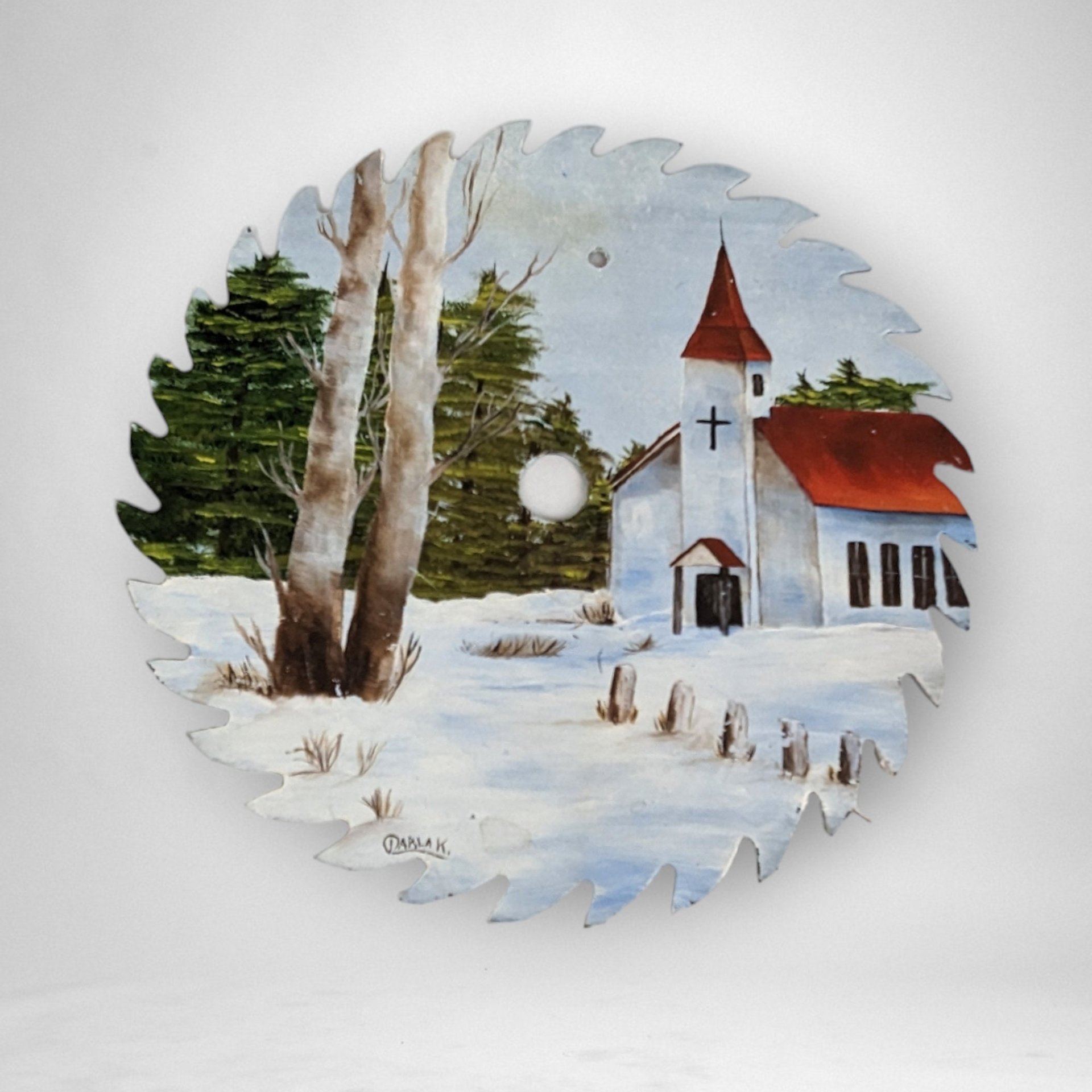 Vintage Hand-Painted Church Scene on Saw Blade, Signed Artwork