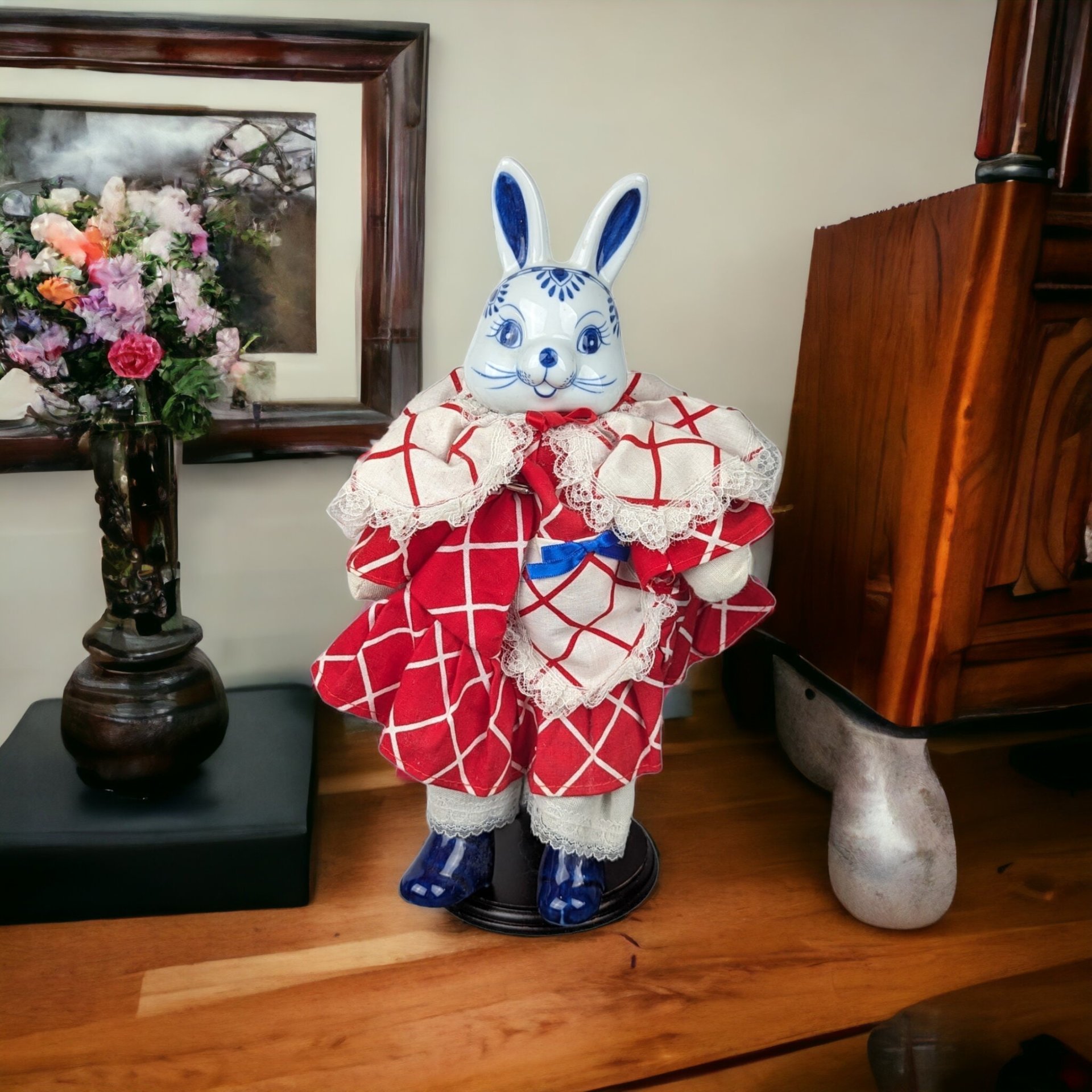 Vintage Unique Blue and White Rabbit 12" Porcelain Doll