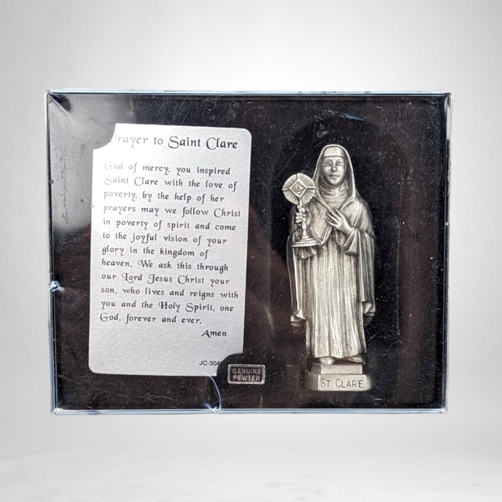 Vintage Saint Clare Pewter Figurine with Inspirational Prayer