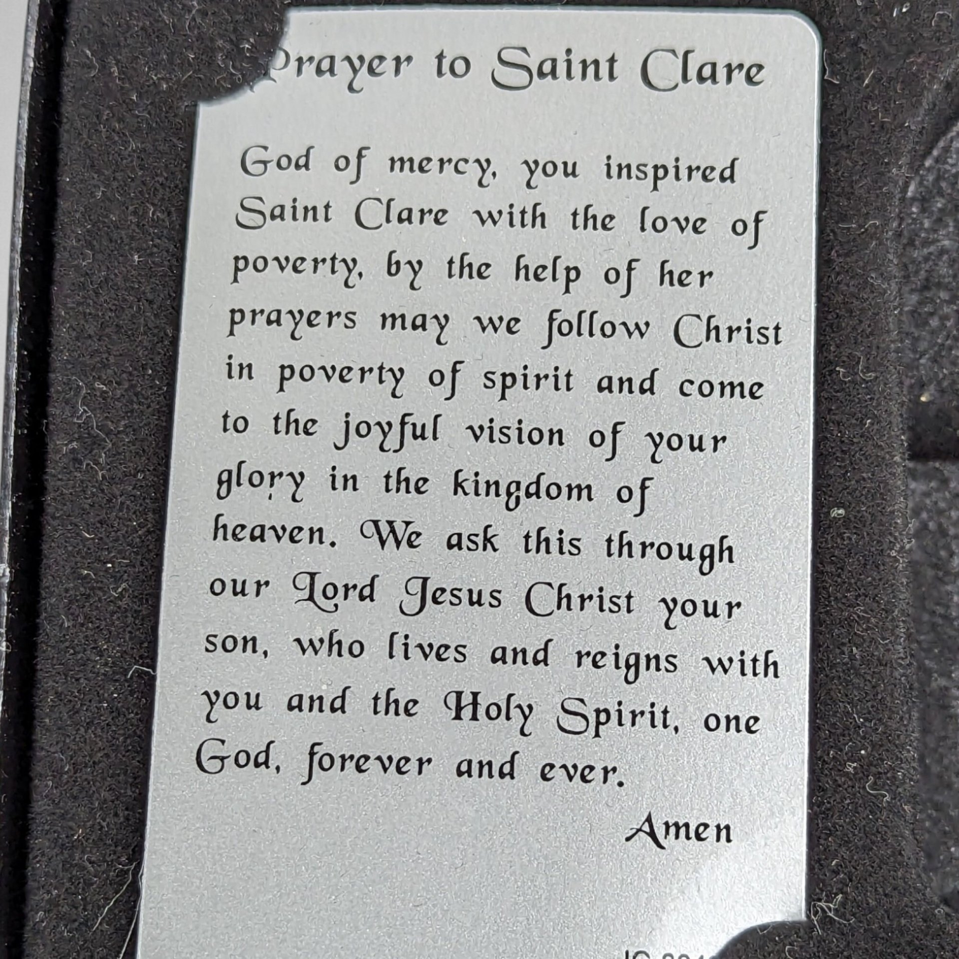 Vintage Saint Clare Pewter Figurine with Inspirational Prayer