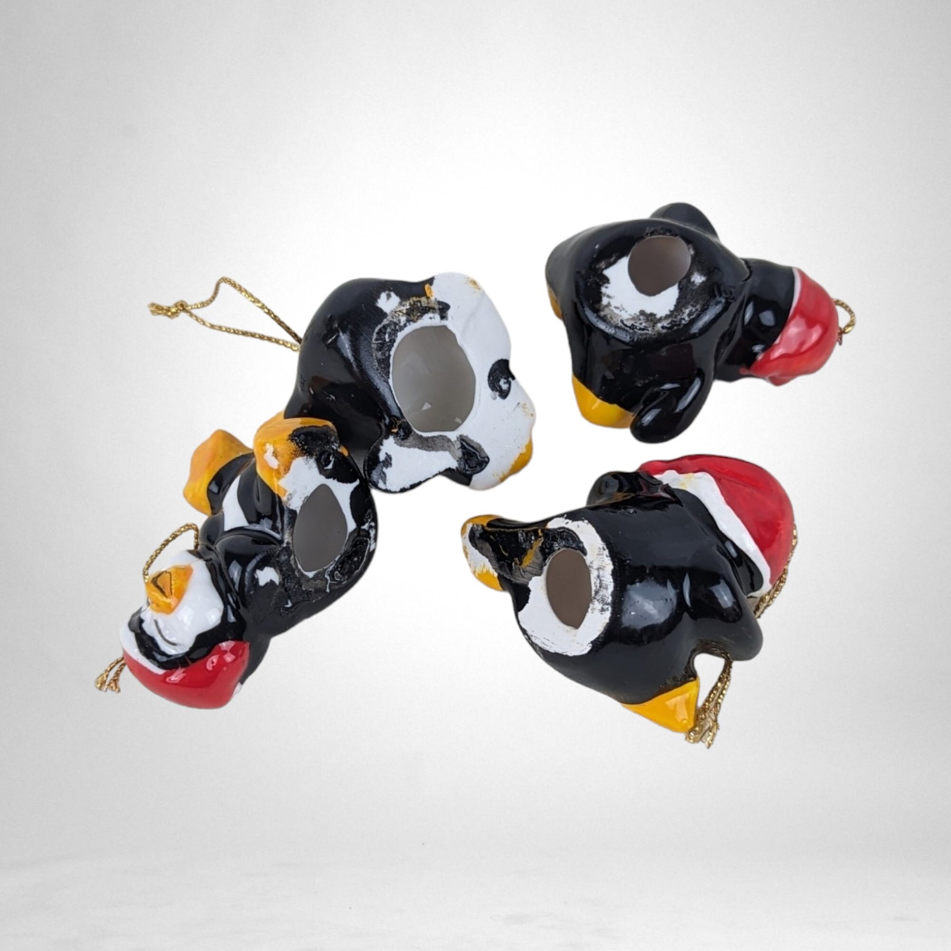 Vintage Set of 4 Playful Penguins Ceramic Christmas Tree Ornaments - Charming Holiday Decorations