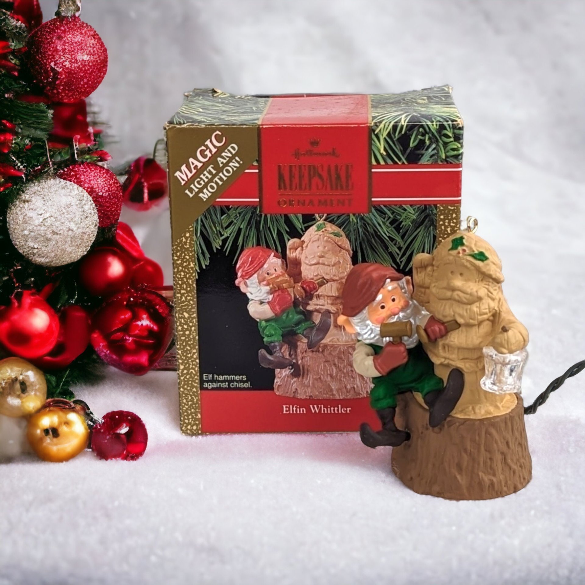 1990 Hallmark Elfin Whittler Light and Motion Ornament - Enchanting Holiday Animation