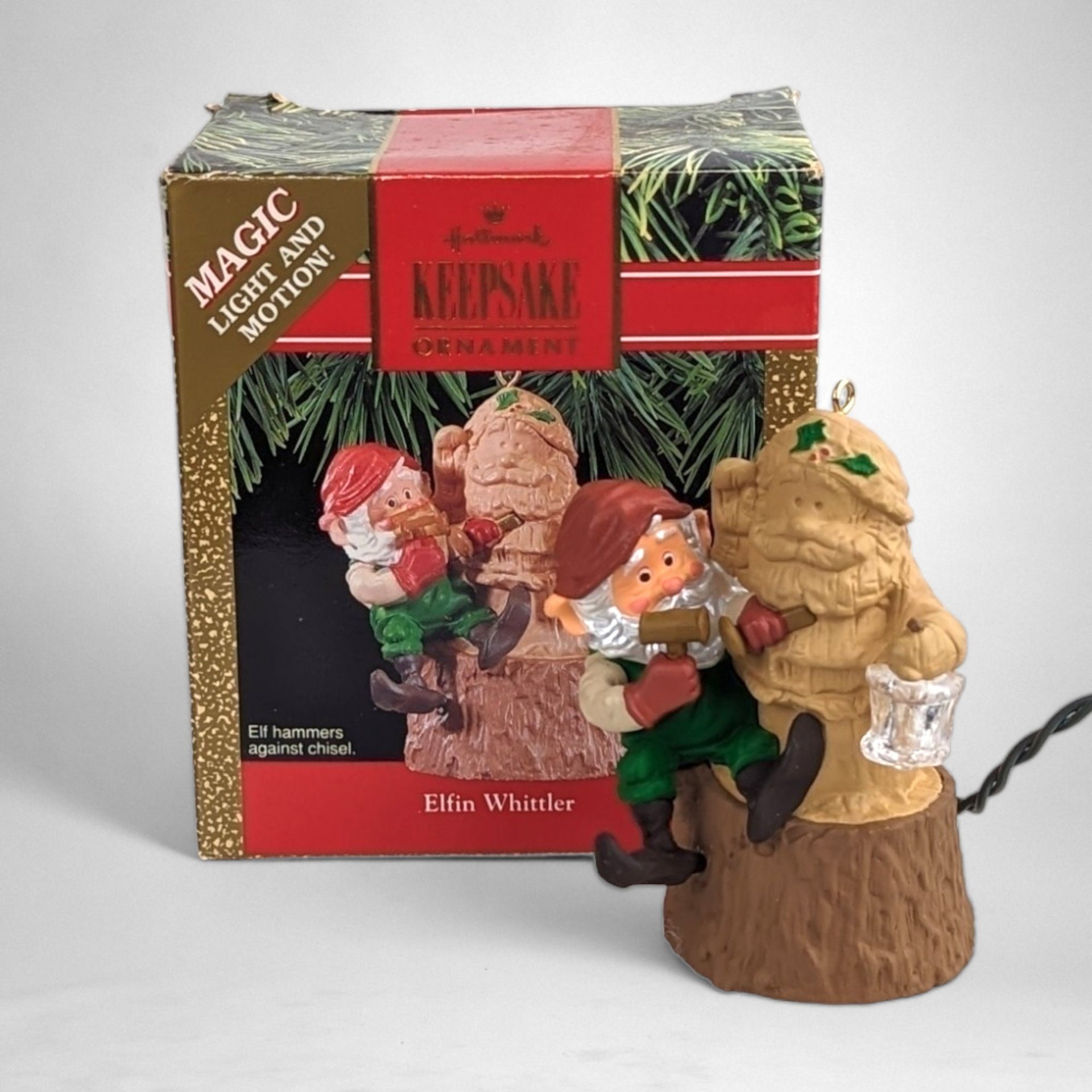 1990 Hallmark Elfin Whittler Light and Motion Ornament - Enchanting Holiday Animation