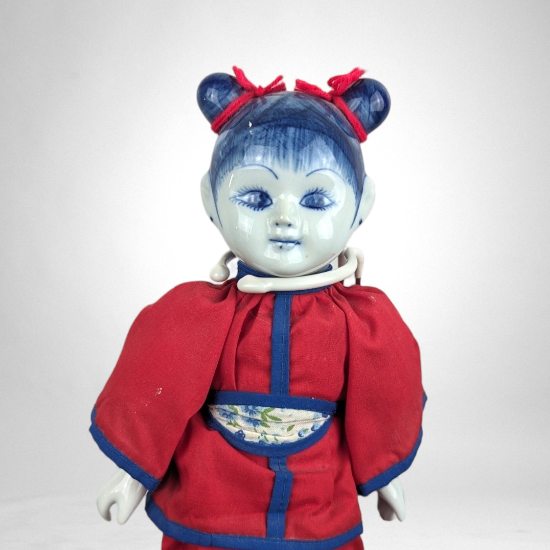 Vintage Asian Decor Blue and White Porcelain Girl Doll